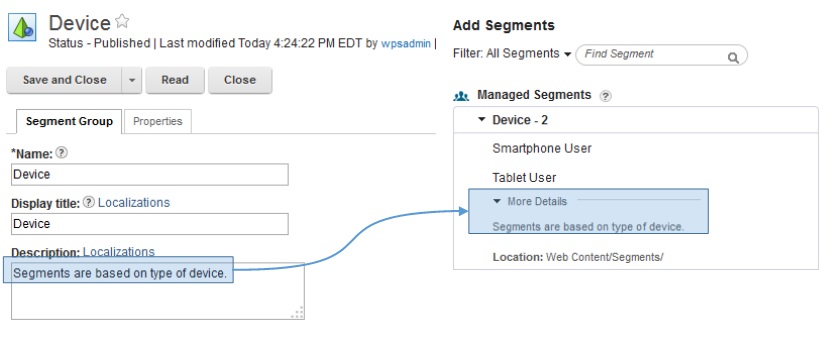 Screen capture that shows that the description that is entered in the Segment groups form appears in the Add Segments dialog.