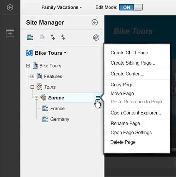 Screen capture of the Site Manager tree view that highlights the context menu for a page.