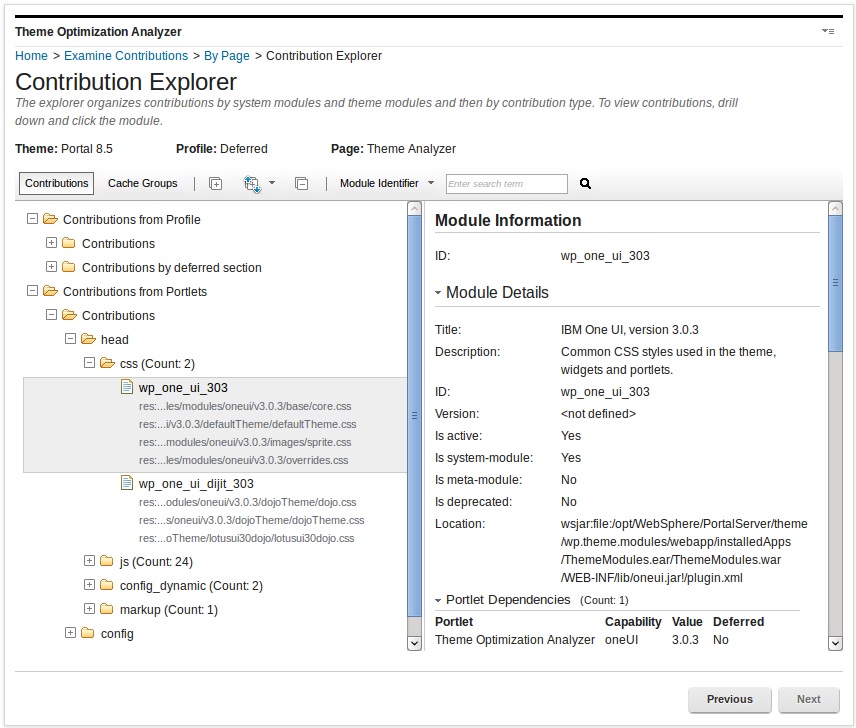 To examine contributions by page, click Examine Contributions > By Page . The Contribution Explorer shows the contributions and the Module Information, Module details and Portlet dependencies.