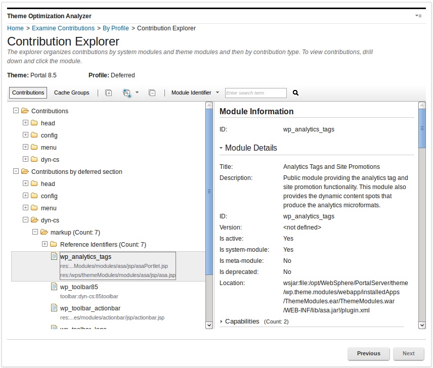 To examine contributions by profile, click Examine Contributions > By Profile . The Contribution Explorer shows the contributions and the Module Information, Module details and Portlet dependencies.