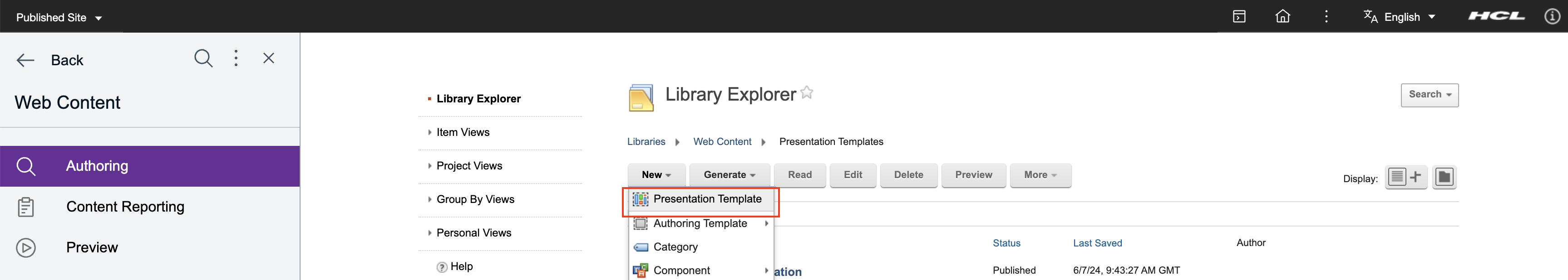 HCL WCM Authoring - New Presentation Template