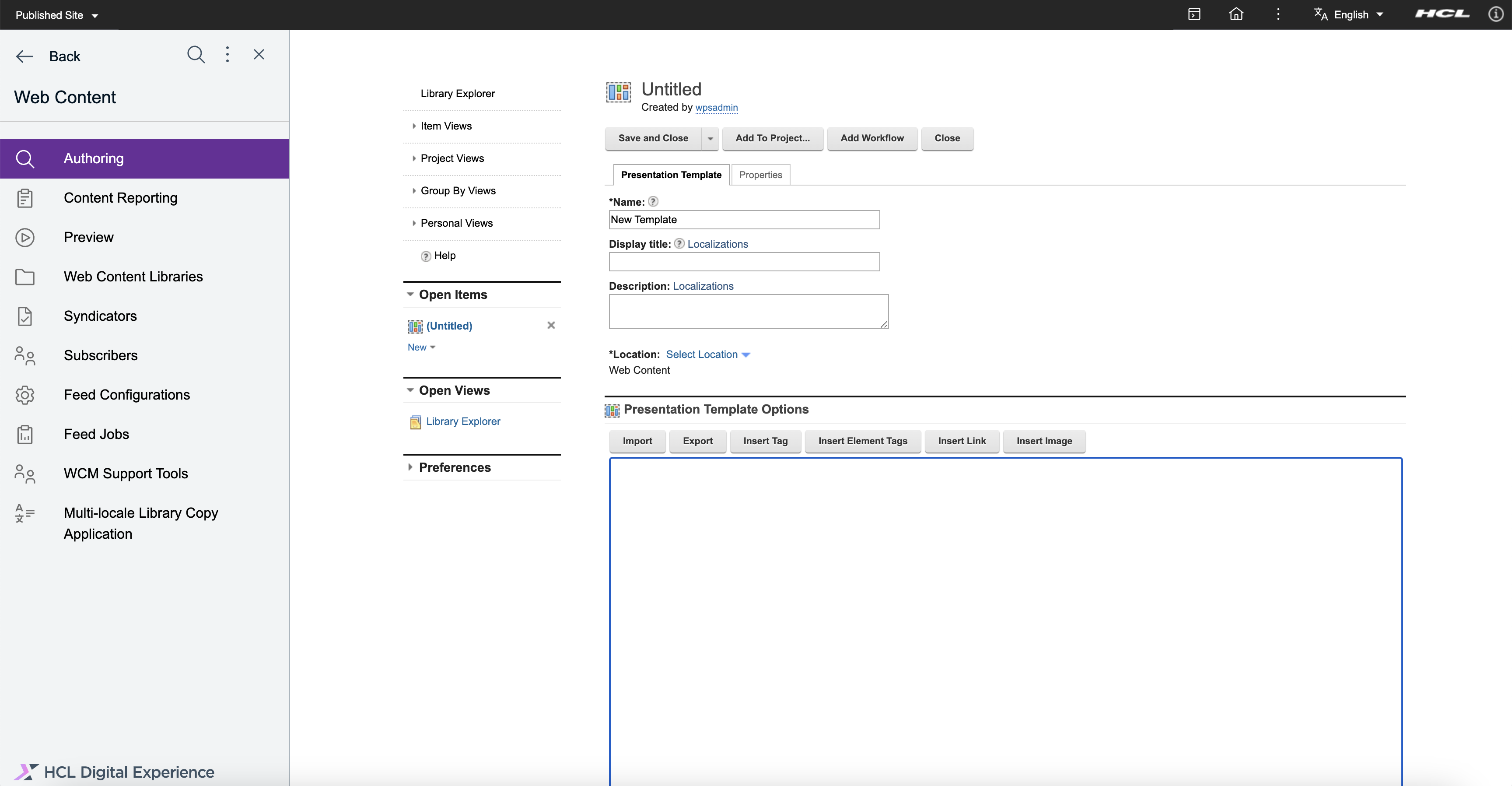 HCL WCM Authoring - Create New Presentation Template