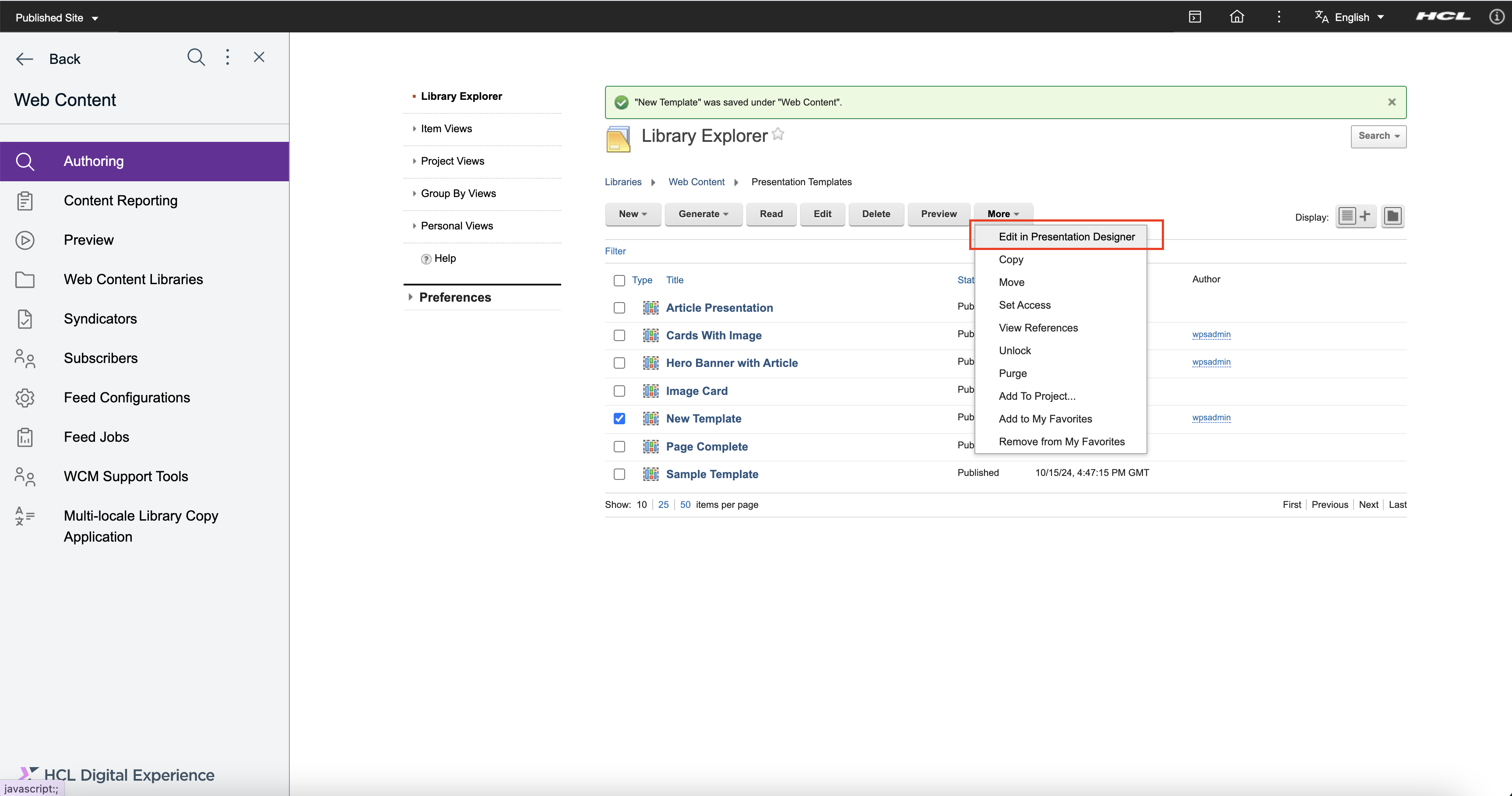 HCL WCM Authoring - Edit Presentation Template in Presentation Designer