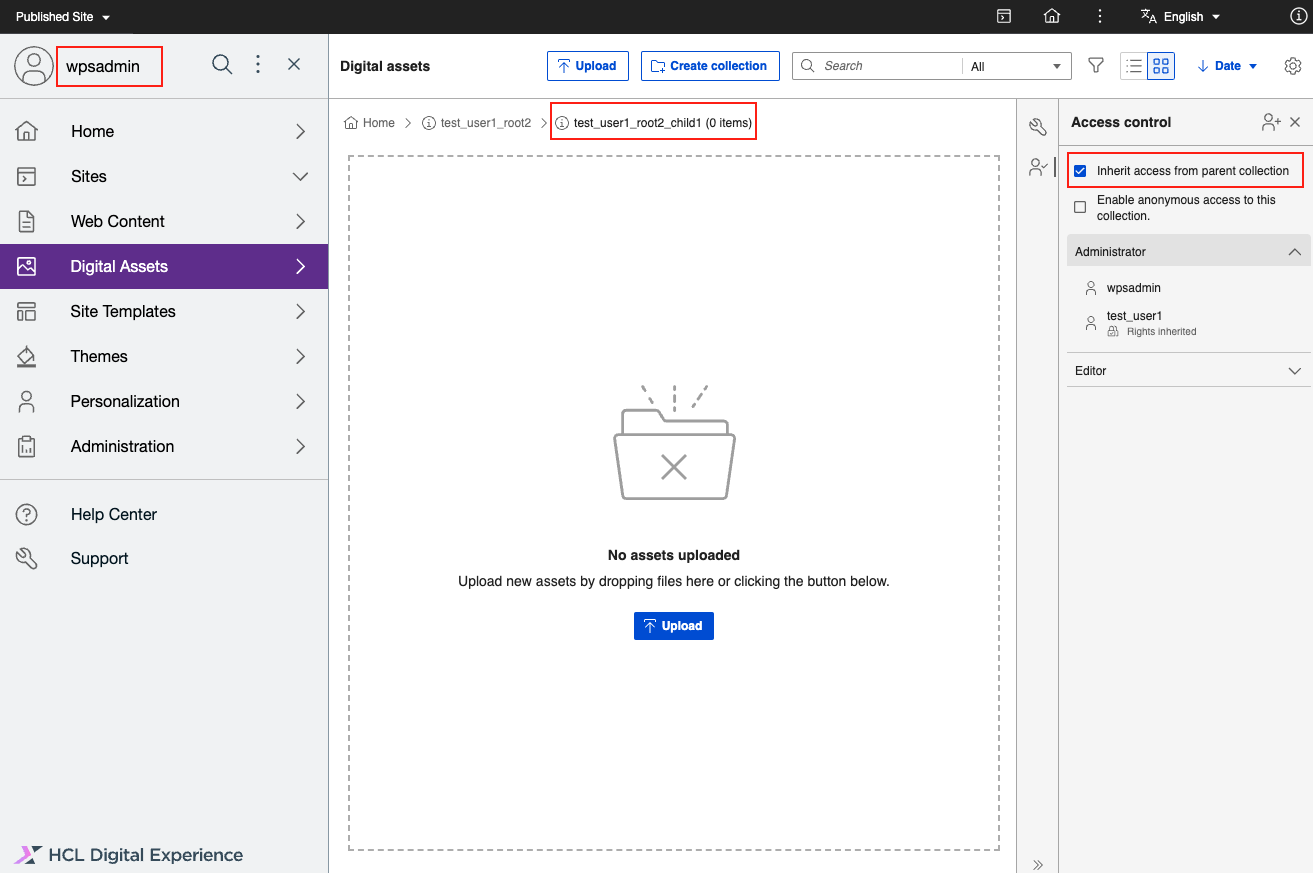 DAM Access Panel for Nested Collection
