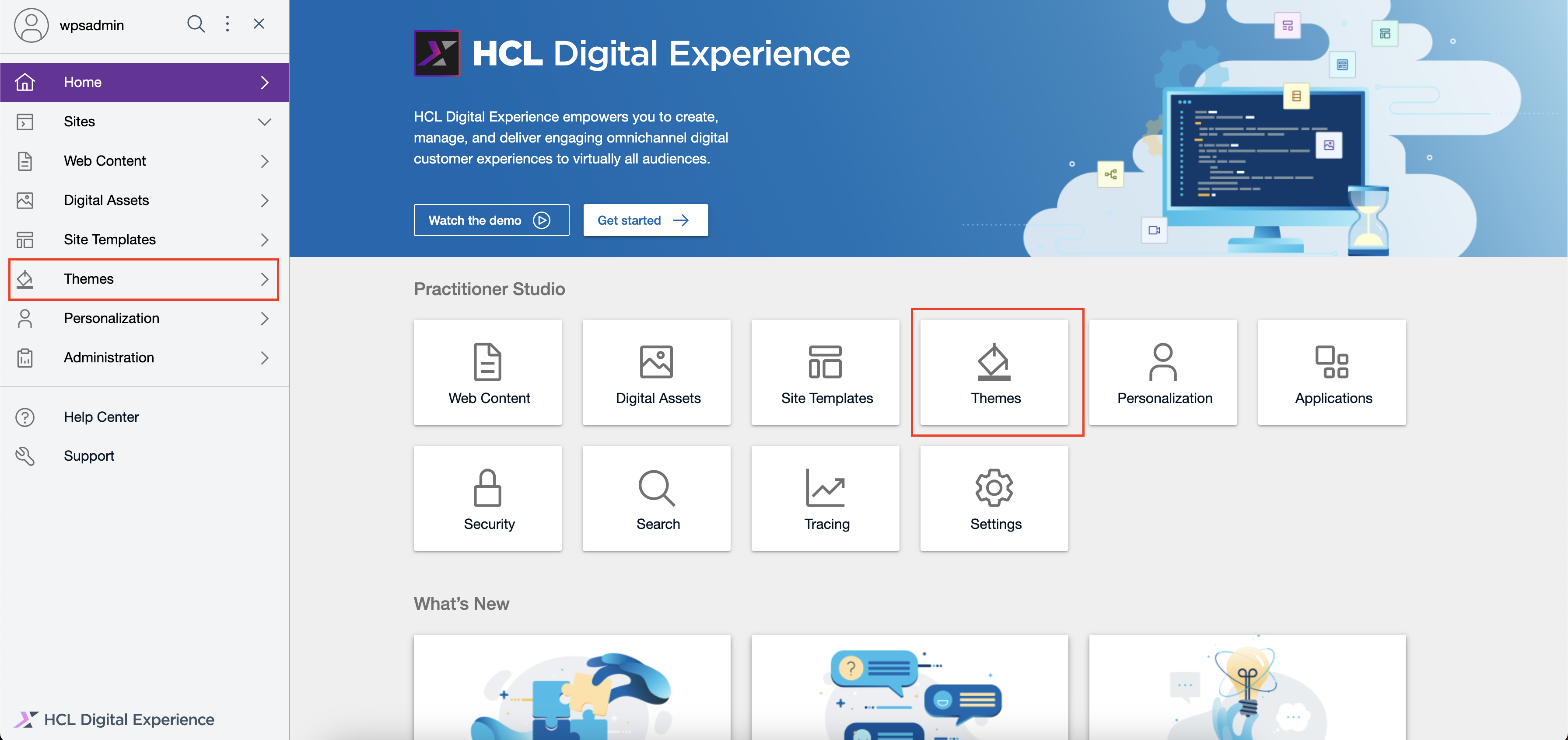 Log in to HCL Digital Experience 9.5 and Go to the Themes page