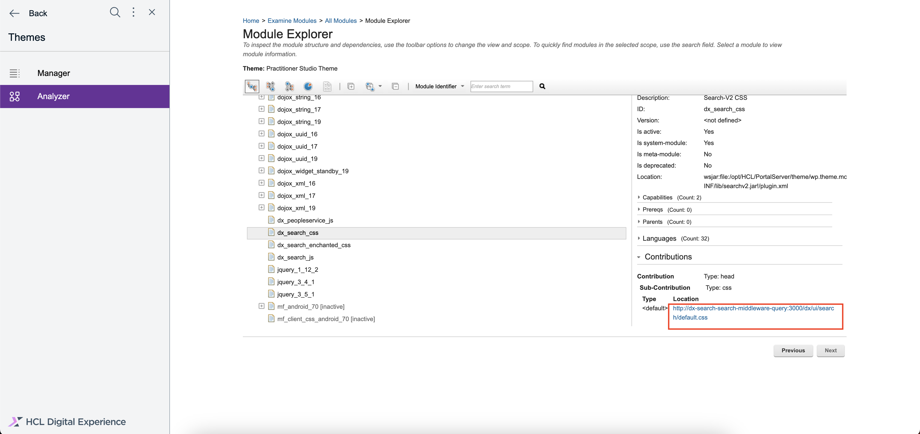 Click on dx_search_css and on the right side, you will find the module information, scroll down to find Contributions and under it Location