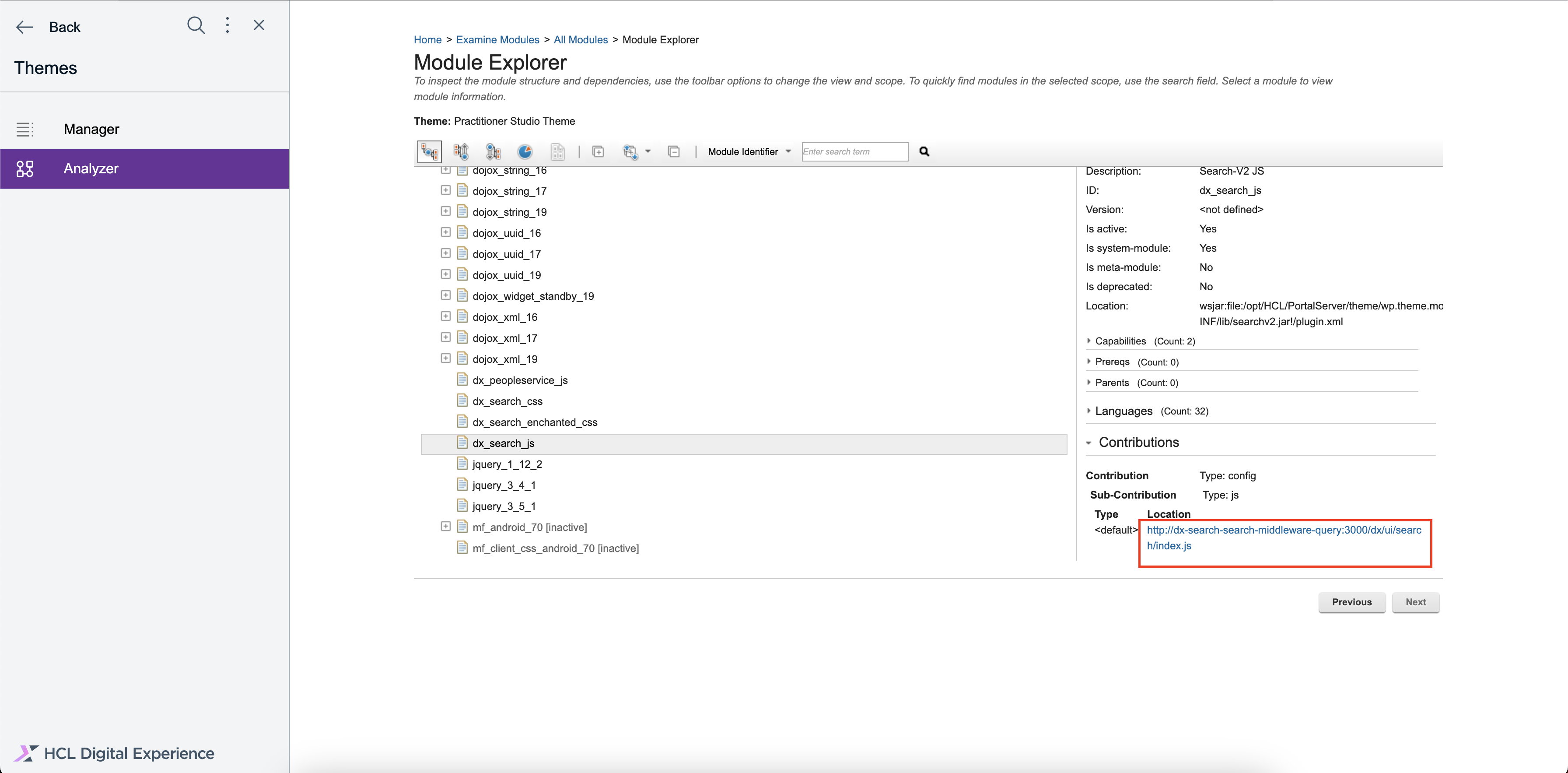 Click on dx_search_js and on the right side, you will find the module information, scroll down to find Contributions and under it Location