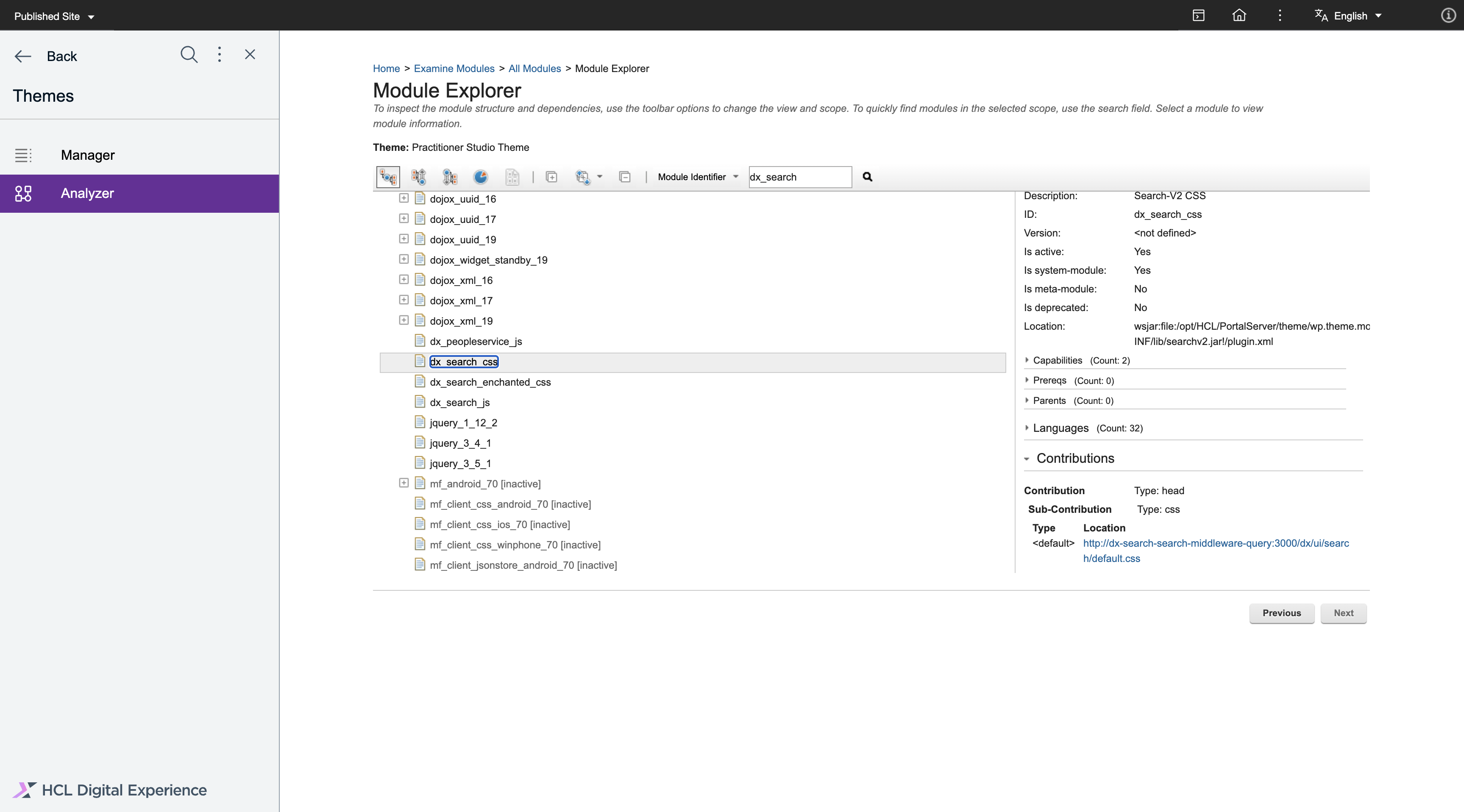 Expand the system modules and scroll down to find dx_search_css