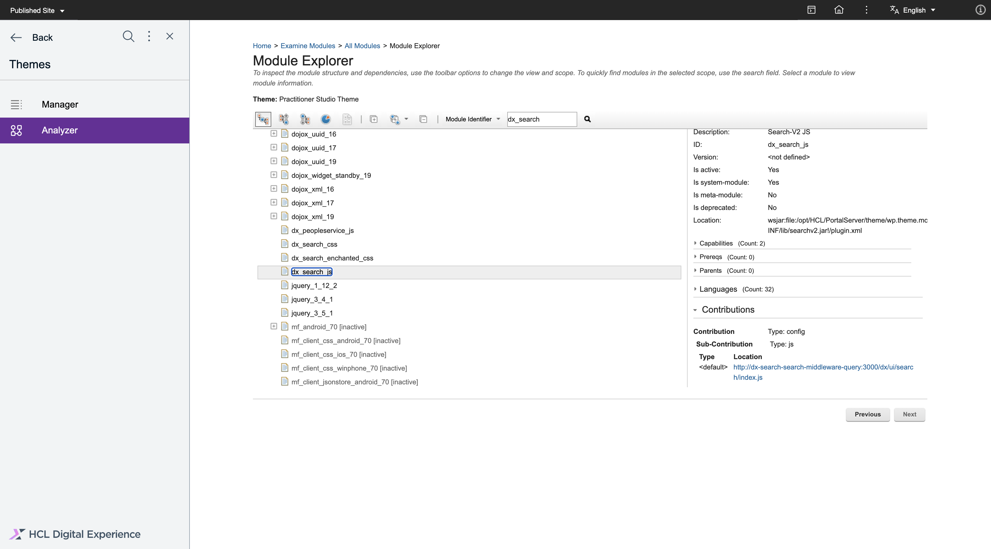 Expand the system modules and scroll down to find dx_search_js