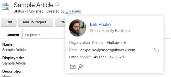 Person link and business card - Example