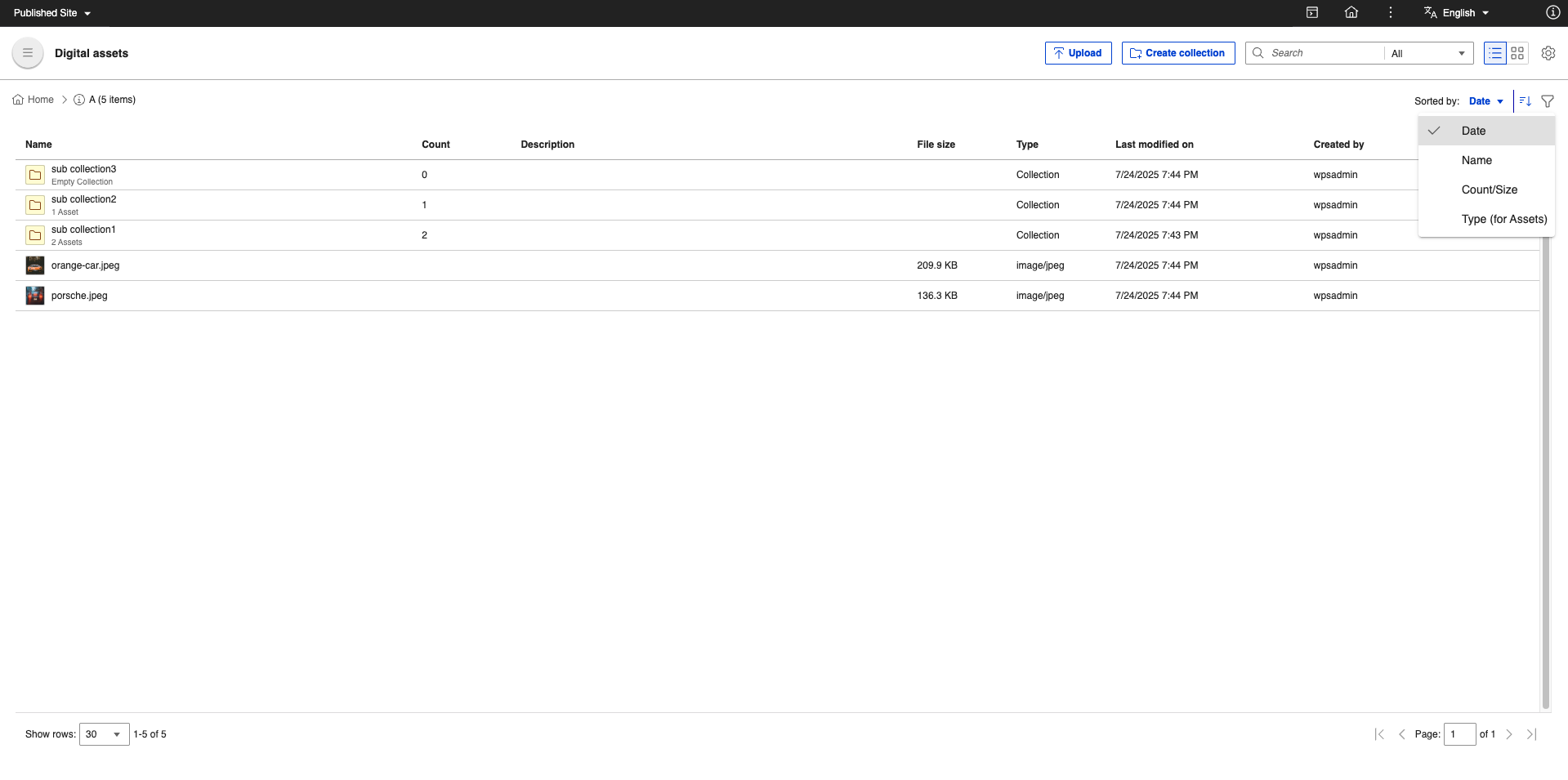 sub collection sort list view
