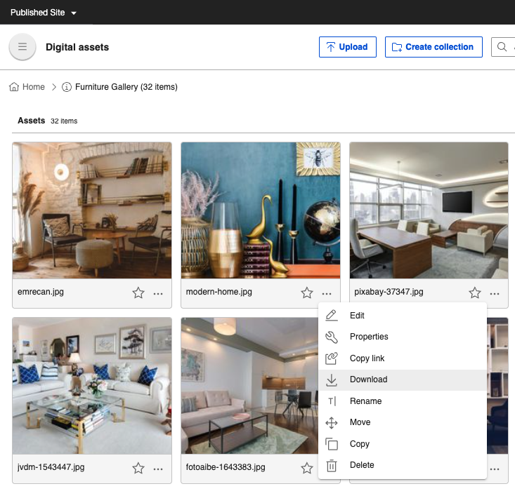 Digital asset menu options