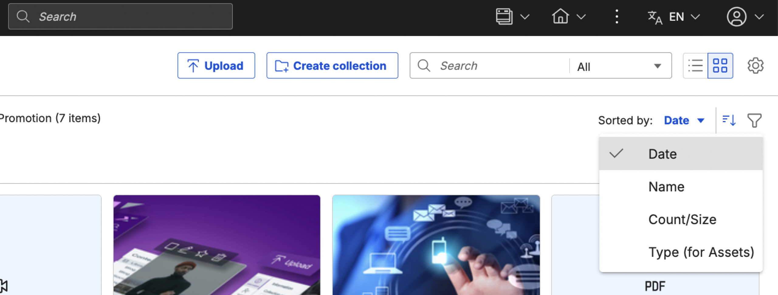 Sorting options in Digital Asset Manager