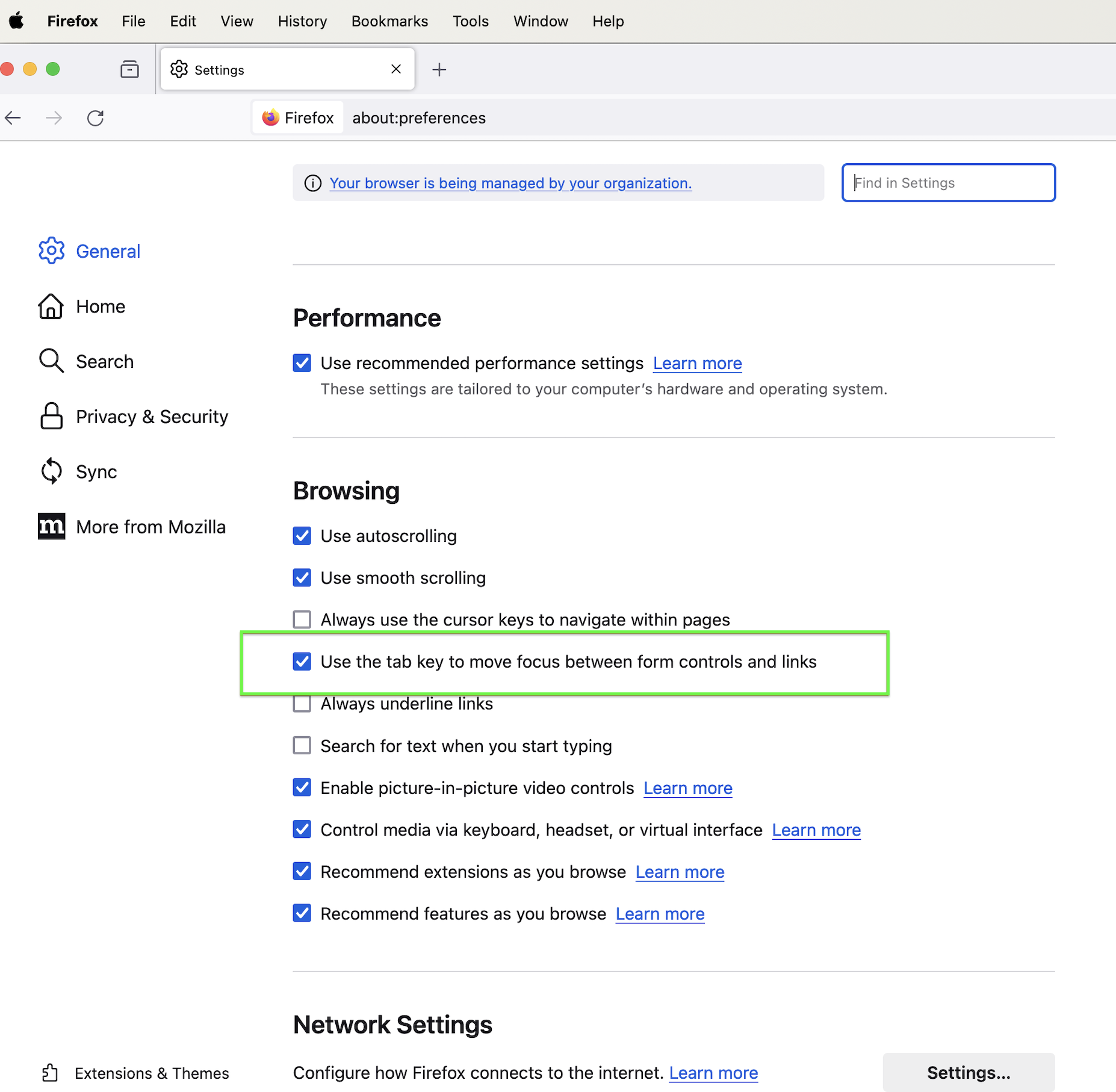 Firefox keyboard navigation settings