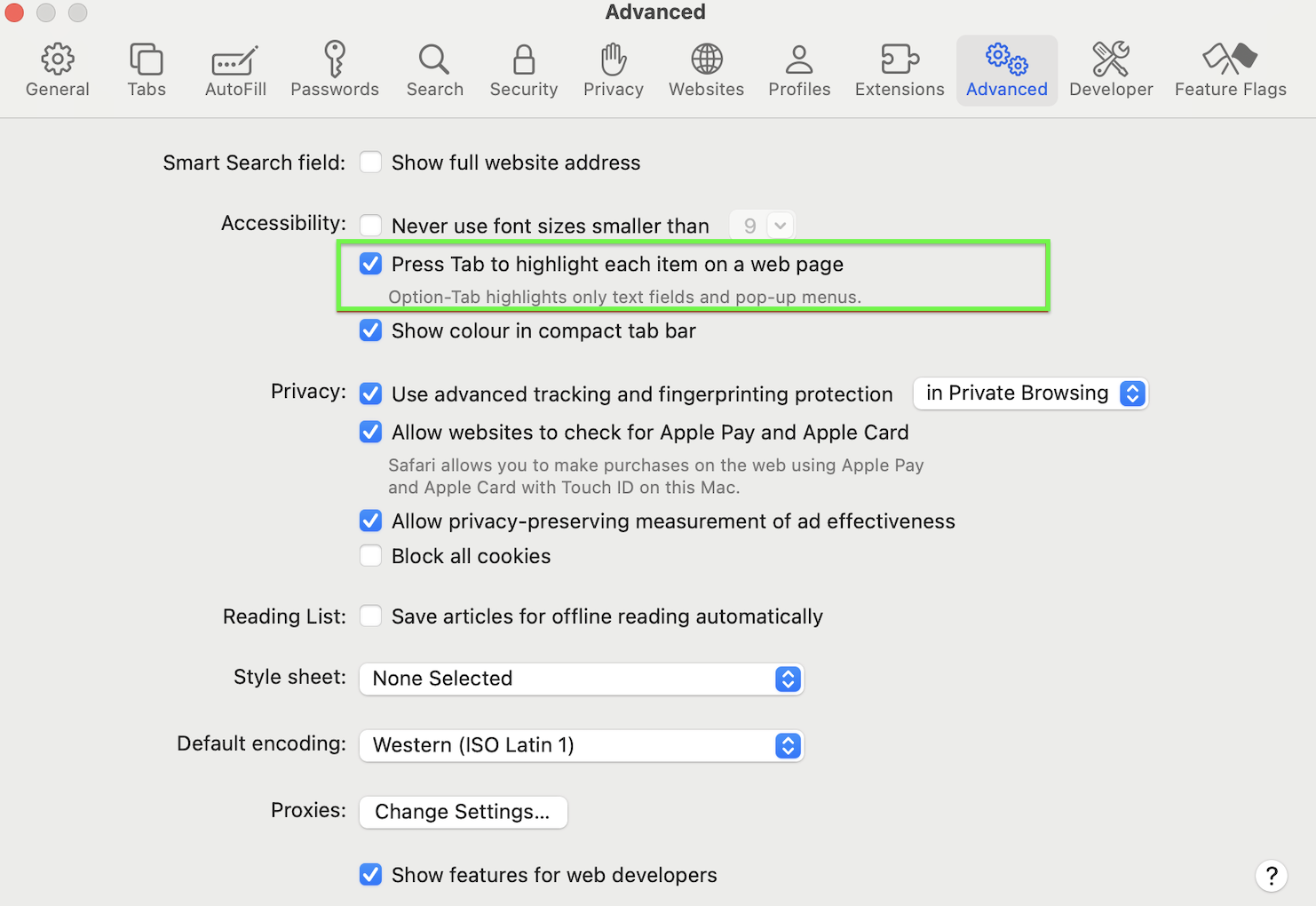 Safari keyboard navigation settings
