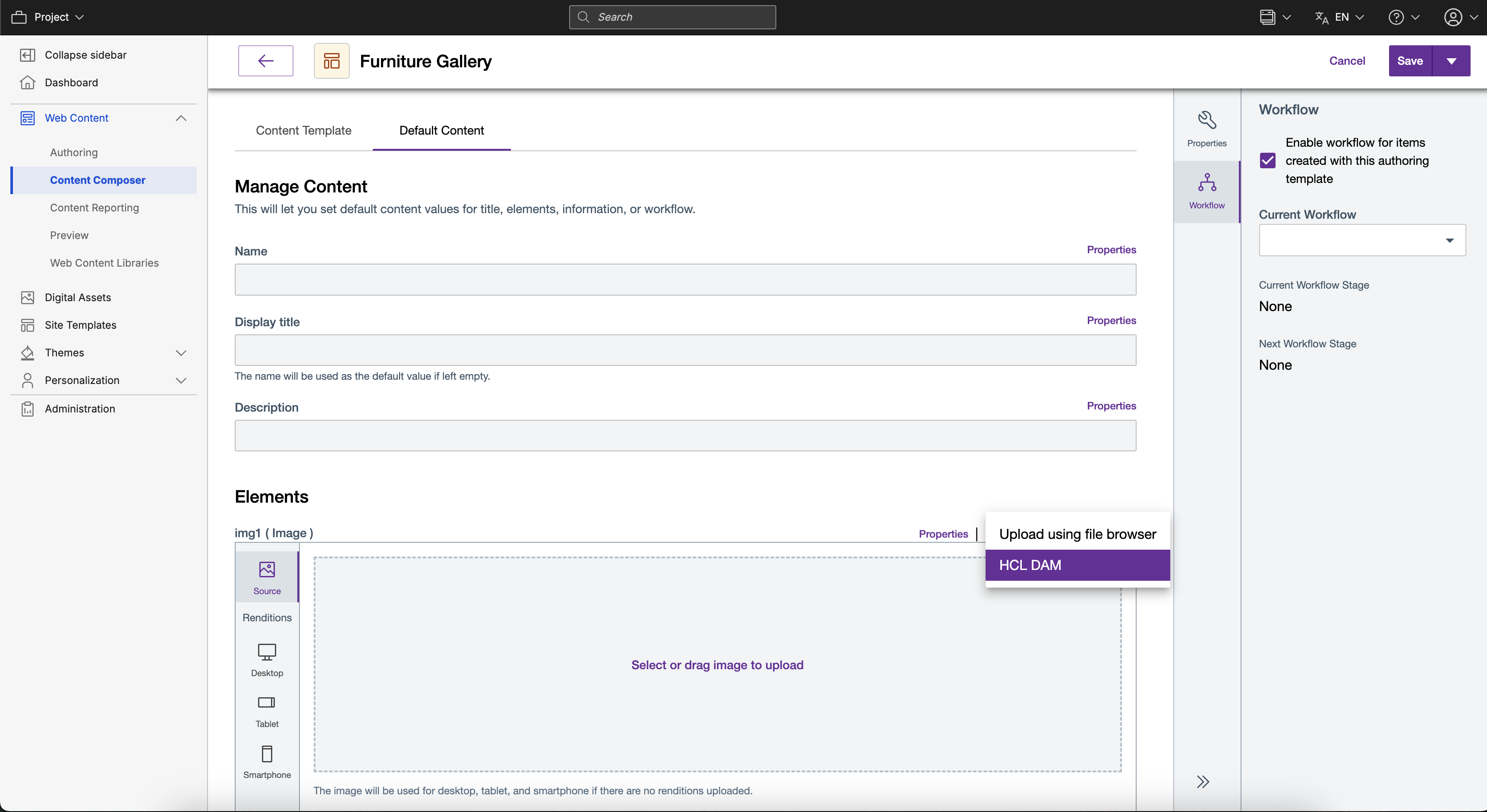 Selecting the media asset from the DAM collection to insert to the web content item