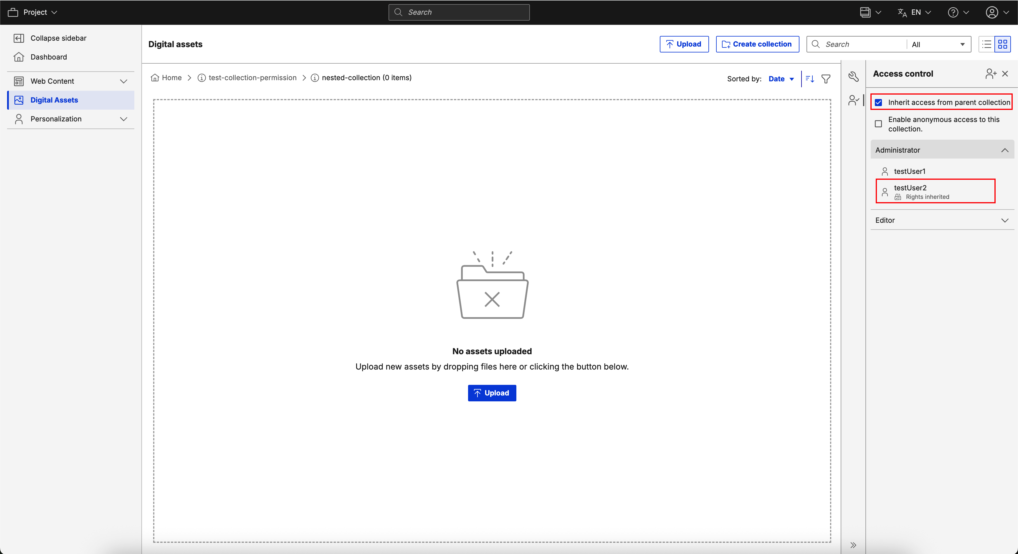 DAM Access Panel for Nested Collection
