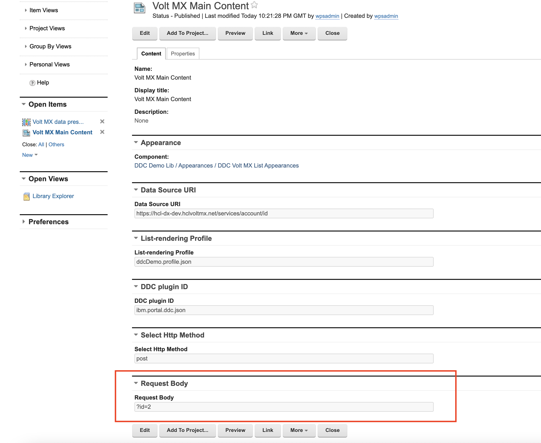 DDC Content item with value for params