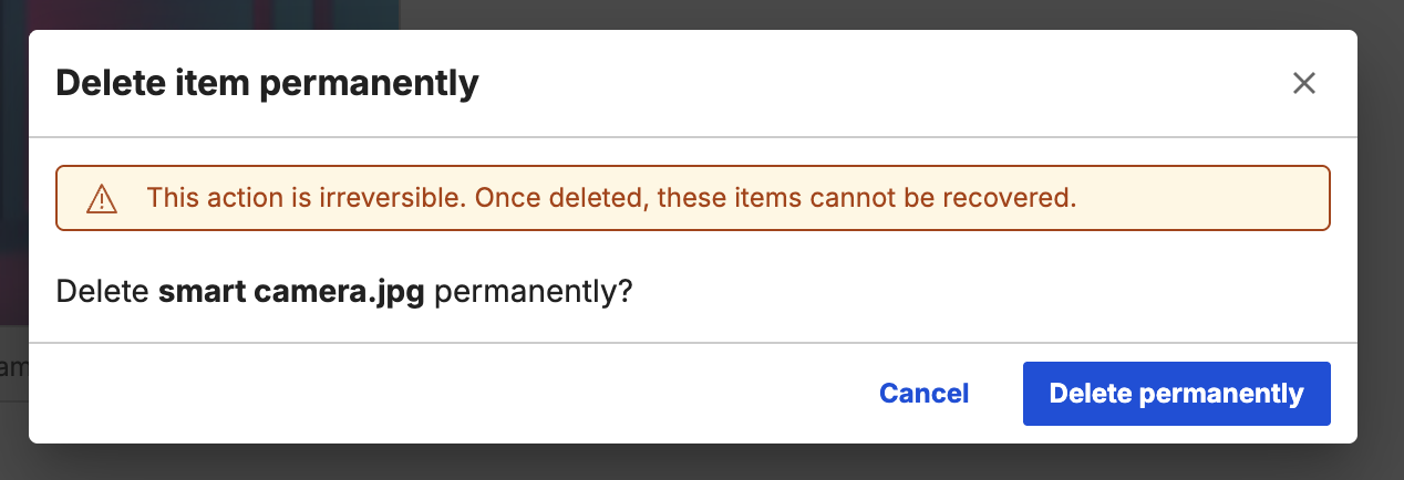 Permanent delete confirmation dialog