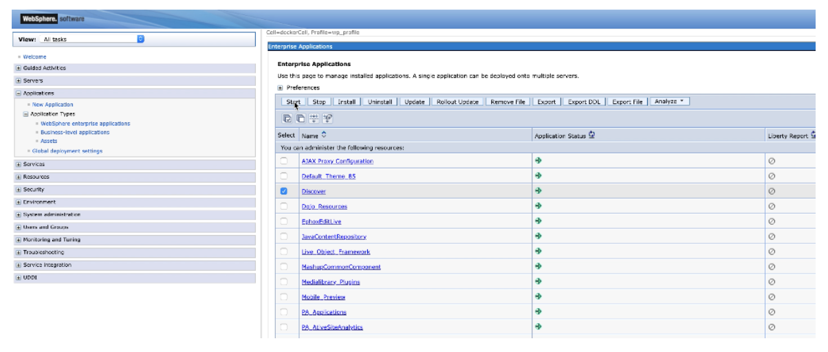 Select and start the Discover module from the administration panel Upload the HCL DX Discover.ear file and install using WebSphere Enterprise Applications