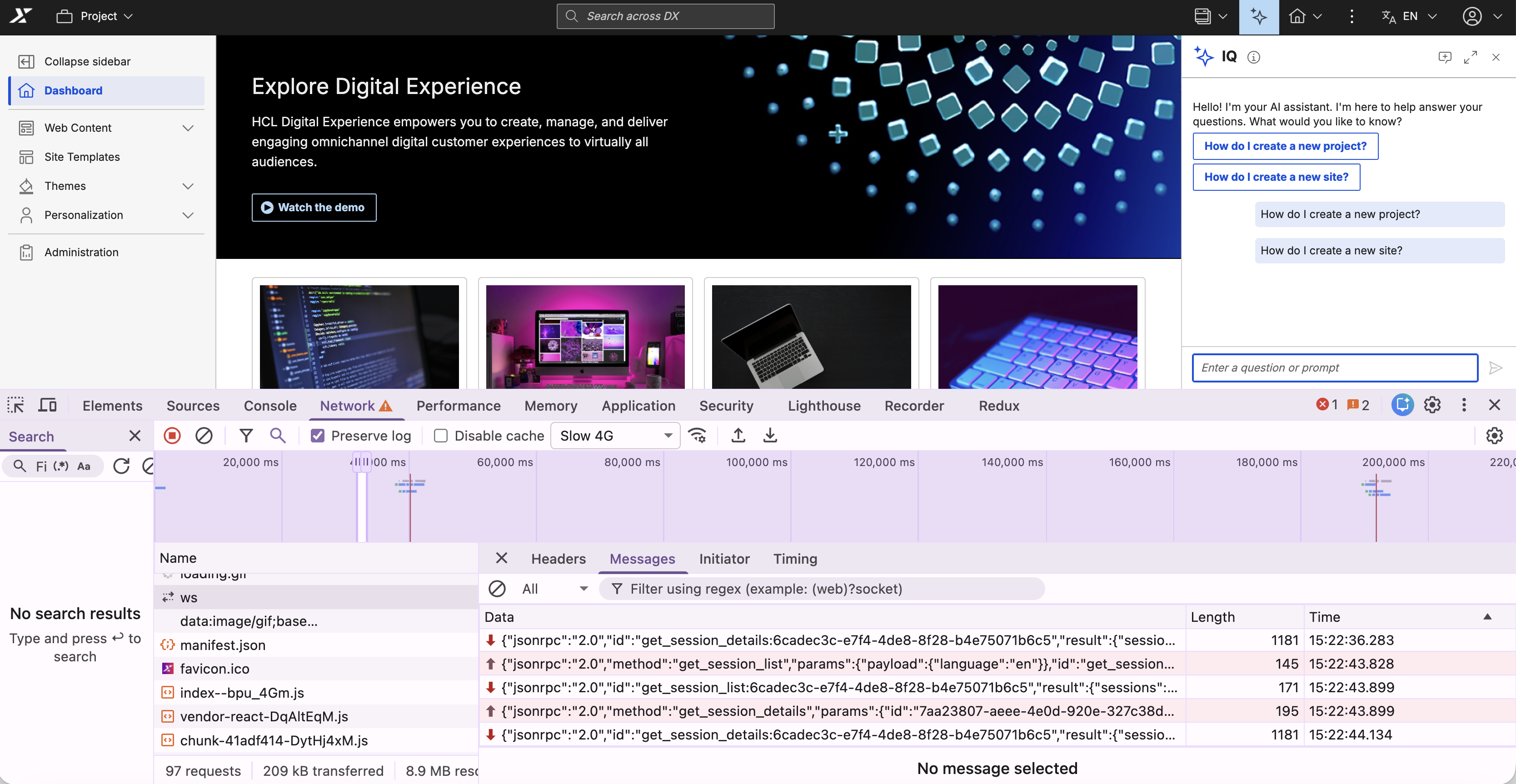 WebSocket JSON-RPC frames in the browser Network tab IQ WebSocket Message Trace