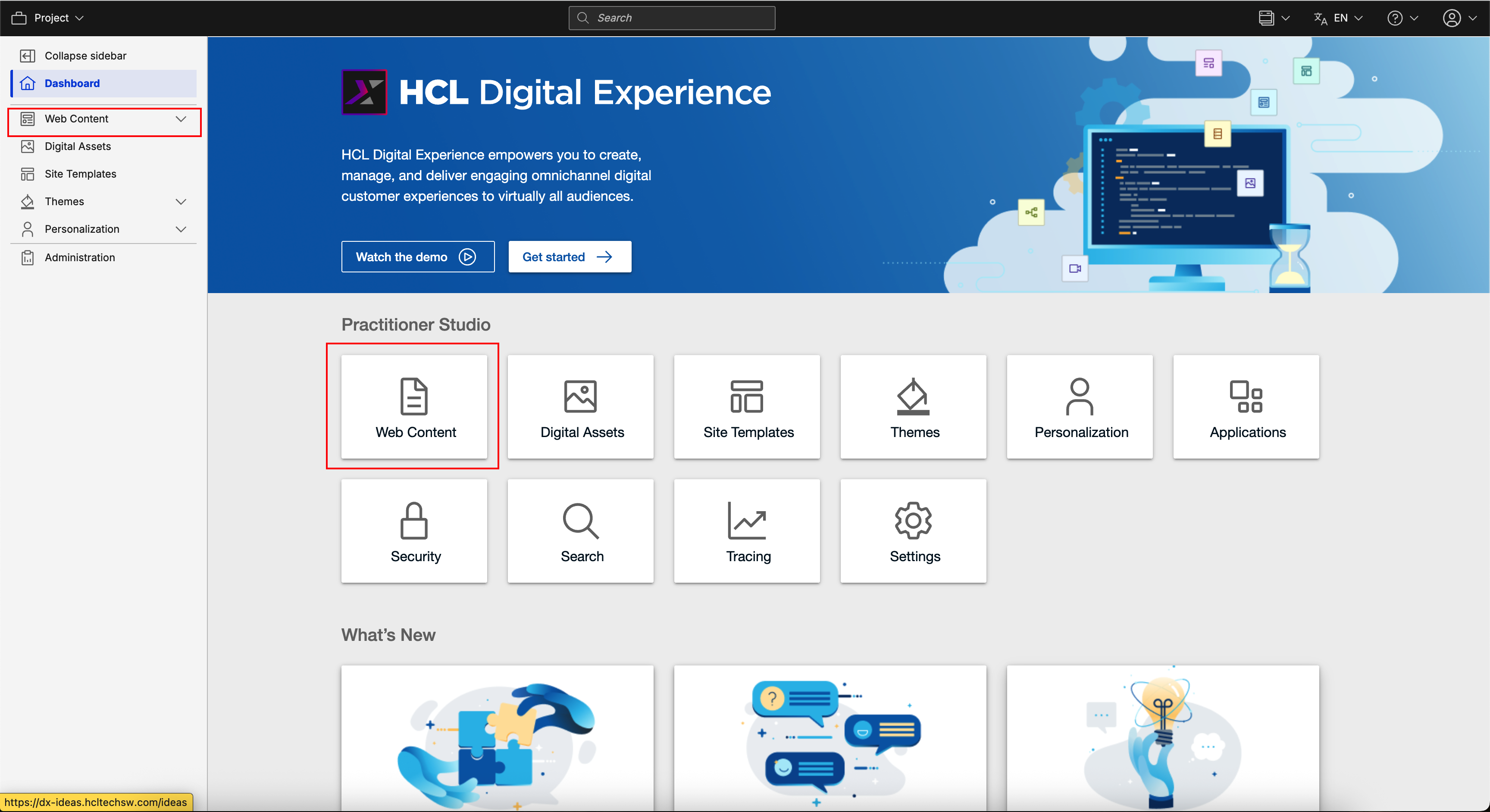 Log in to HCL Digital Experience 9.5 and Select Web Content from Practitioner Studio homepage