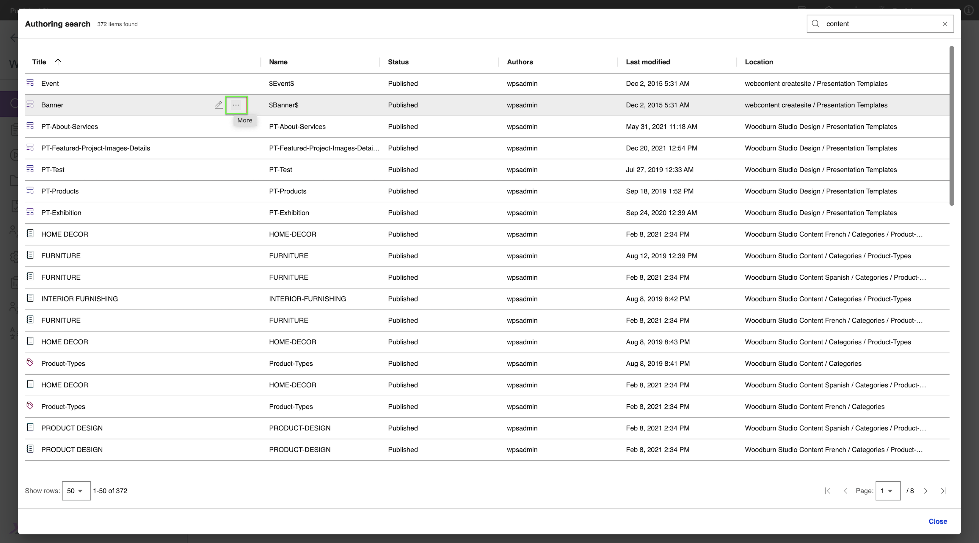 Click on Overflow Menu icon after hovering on result item to open basic actions for result item