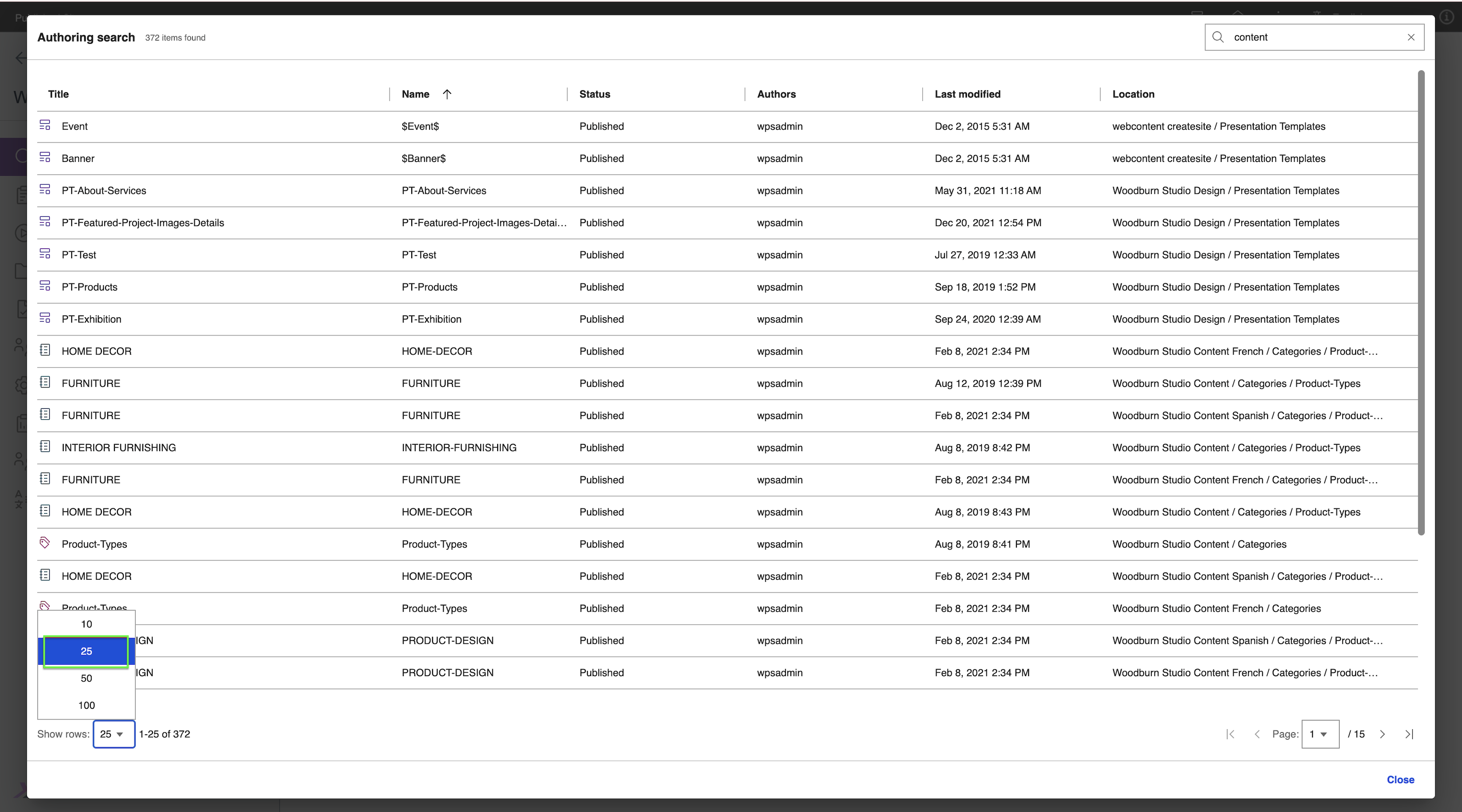 Change number of results shown per page