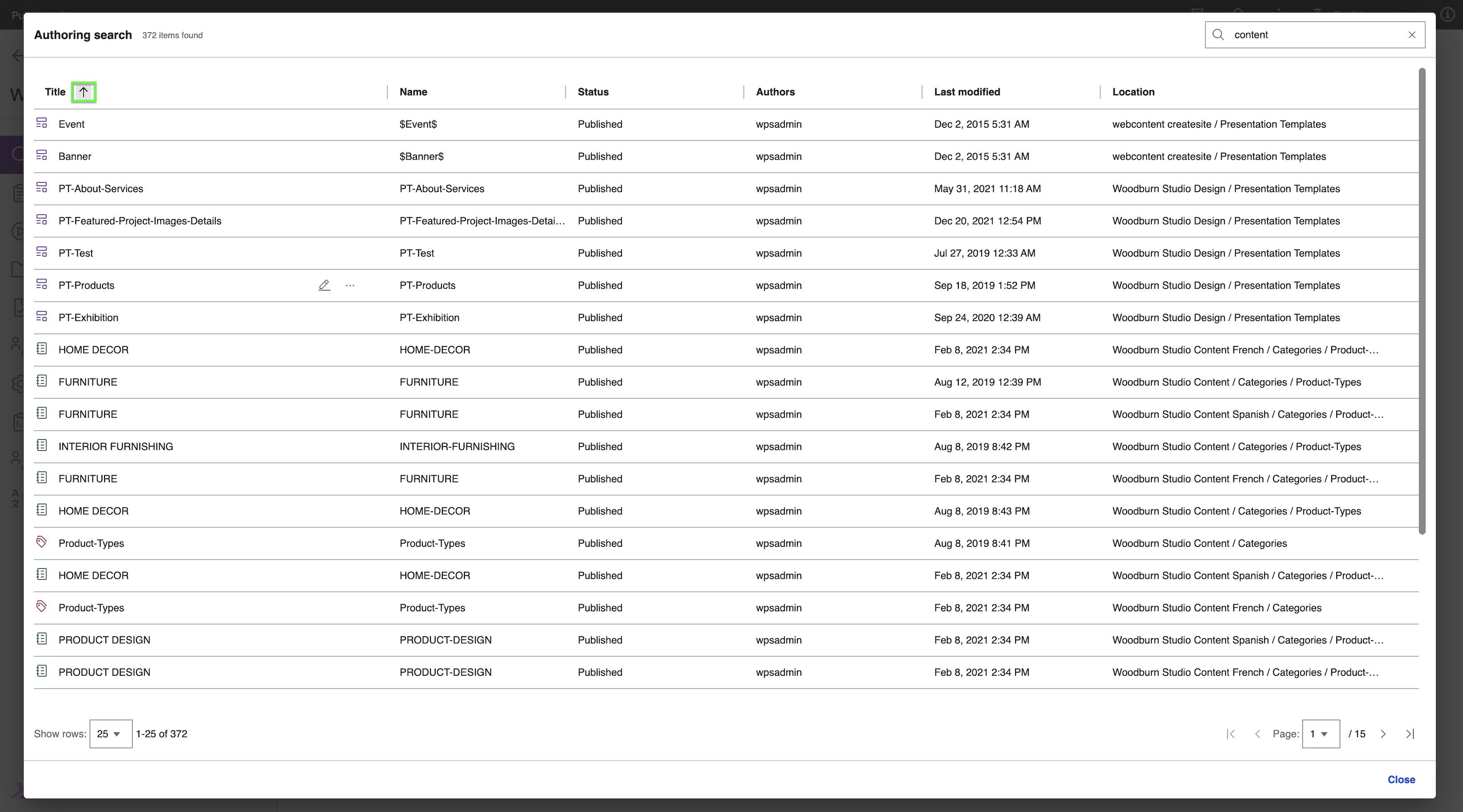 Sort the search results by clicking on sorting icon that appears on hover on column header, for example, title ascending