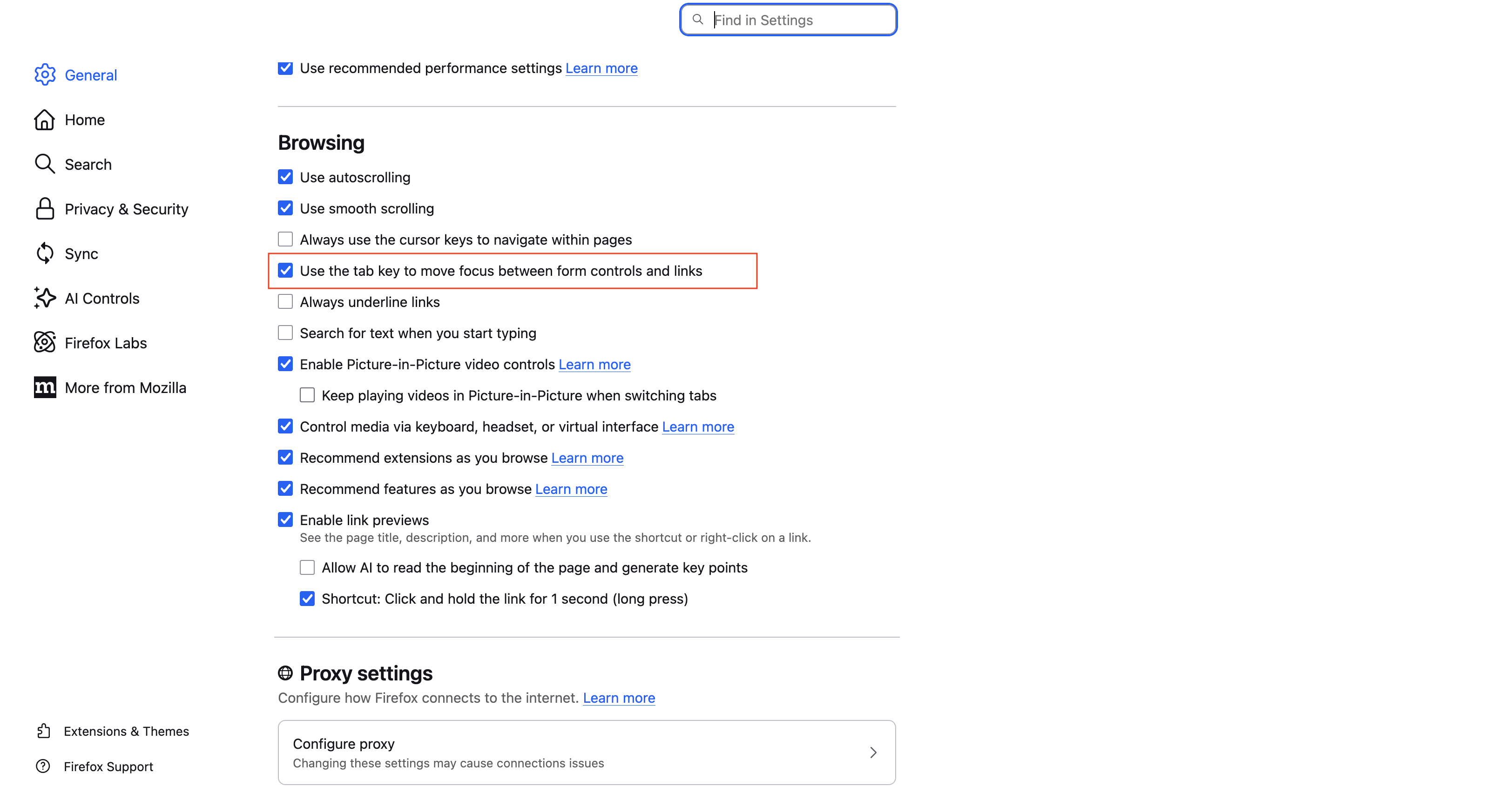 Firefox keyboard navigation settings