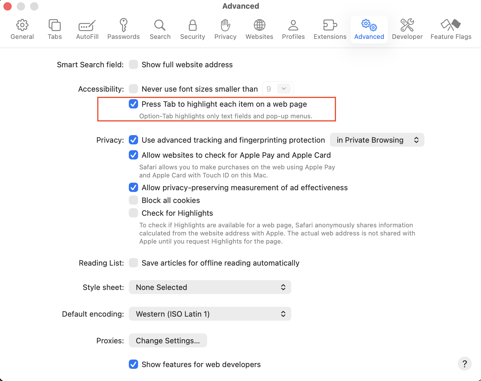 Safari keyboard navigation settings