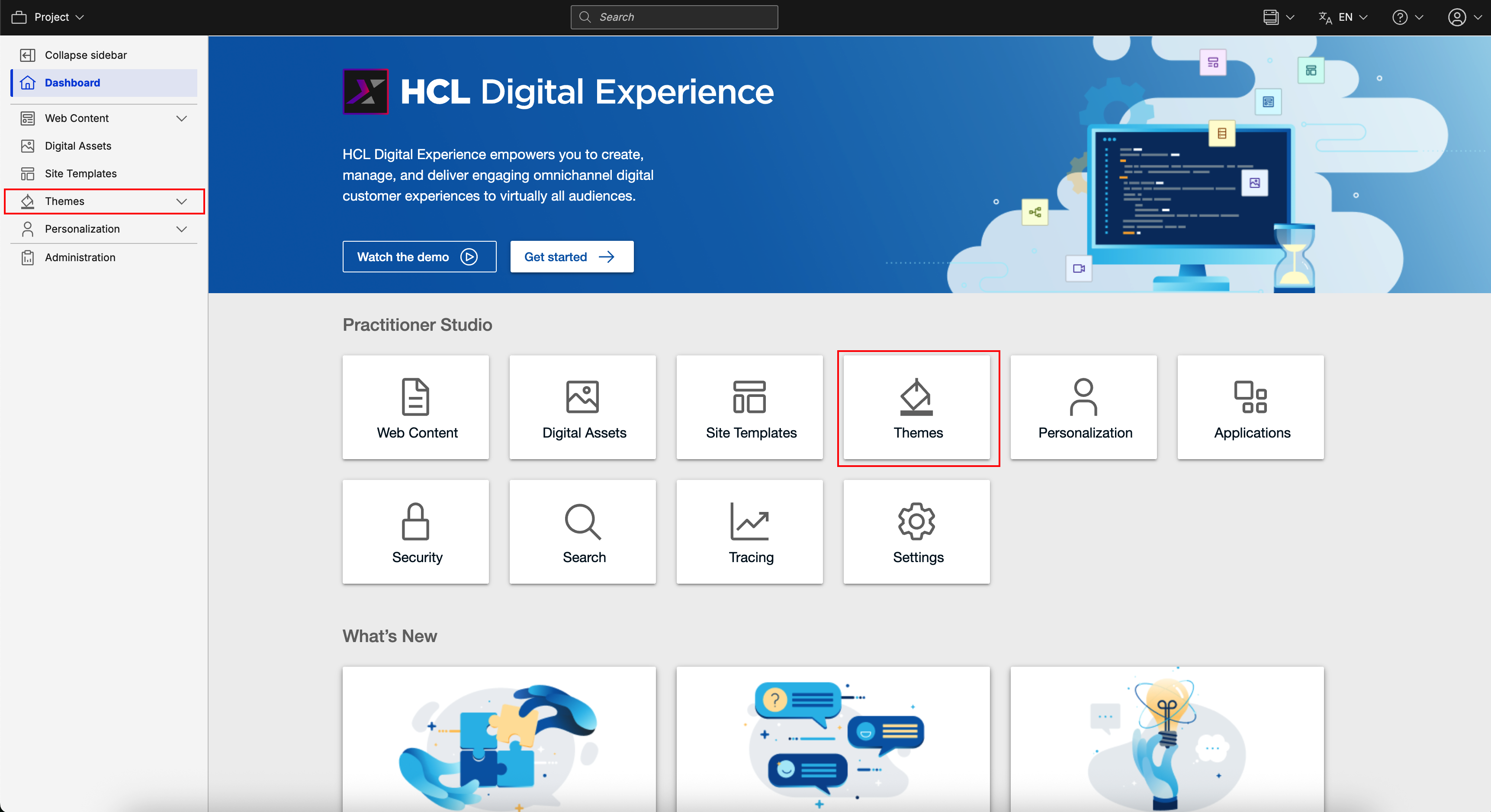 Log in to HCL Digital Experience 9.5 and Go to the Themes page