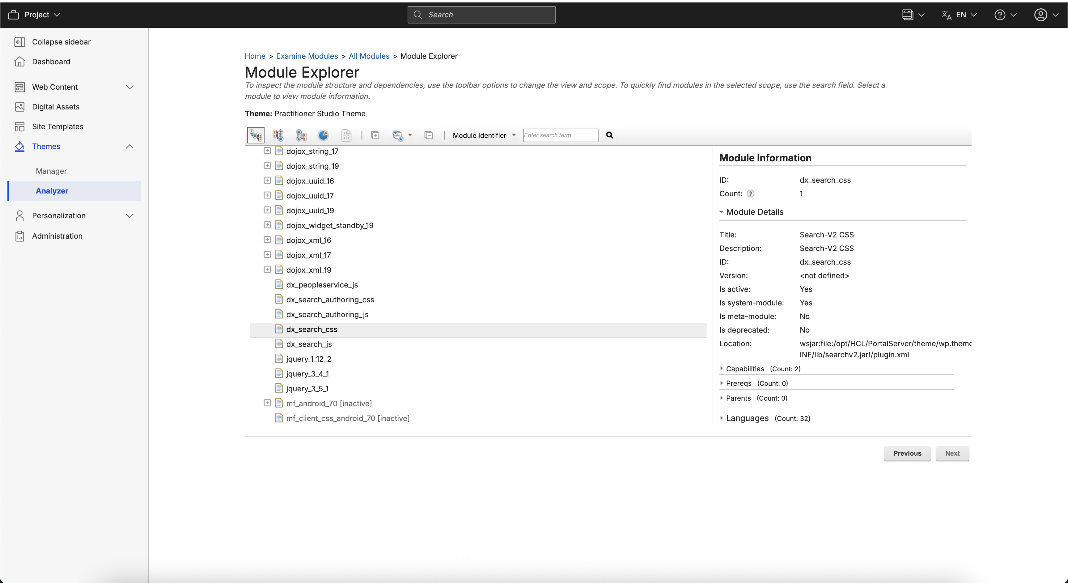 Expand the system modules and scroll down to find dx_search_js