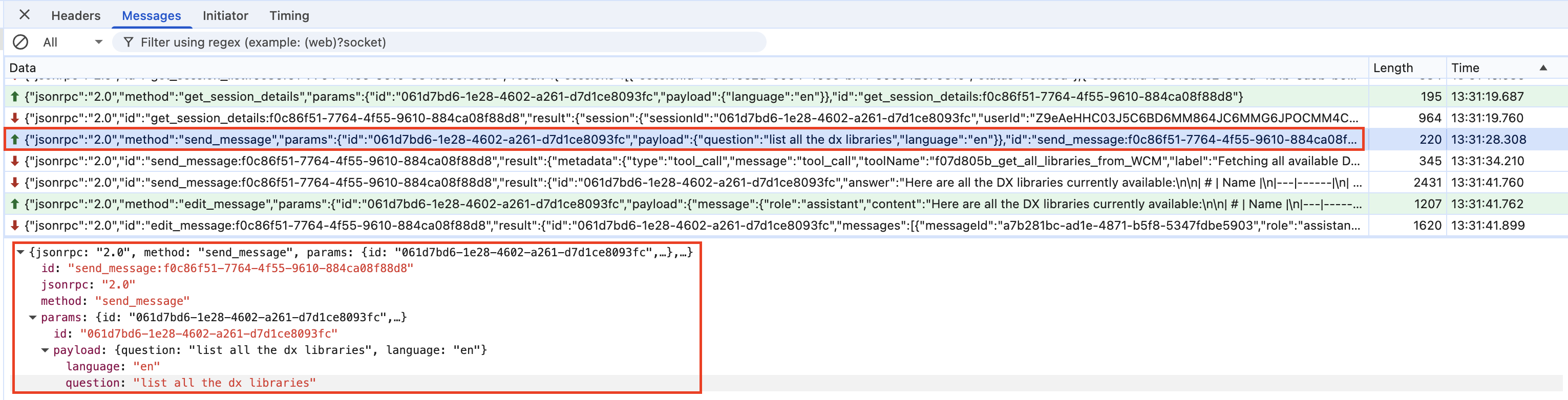 HCL Doc IQ send_message request in Network WebSocket messages