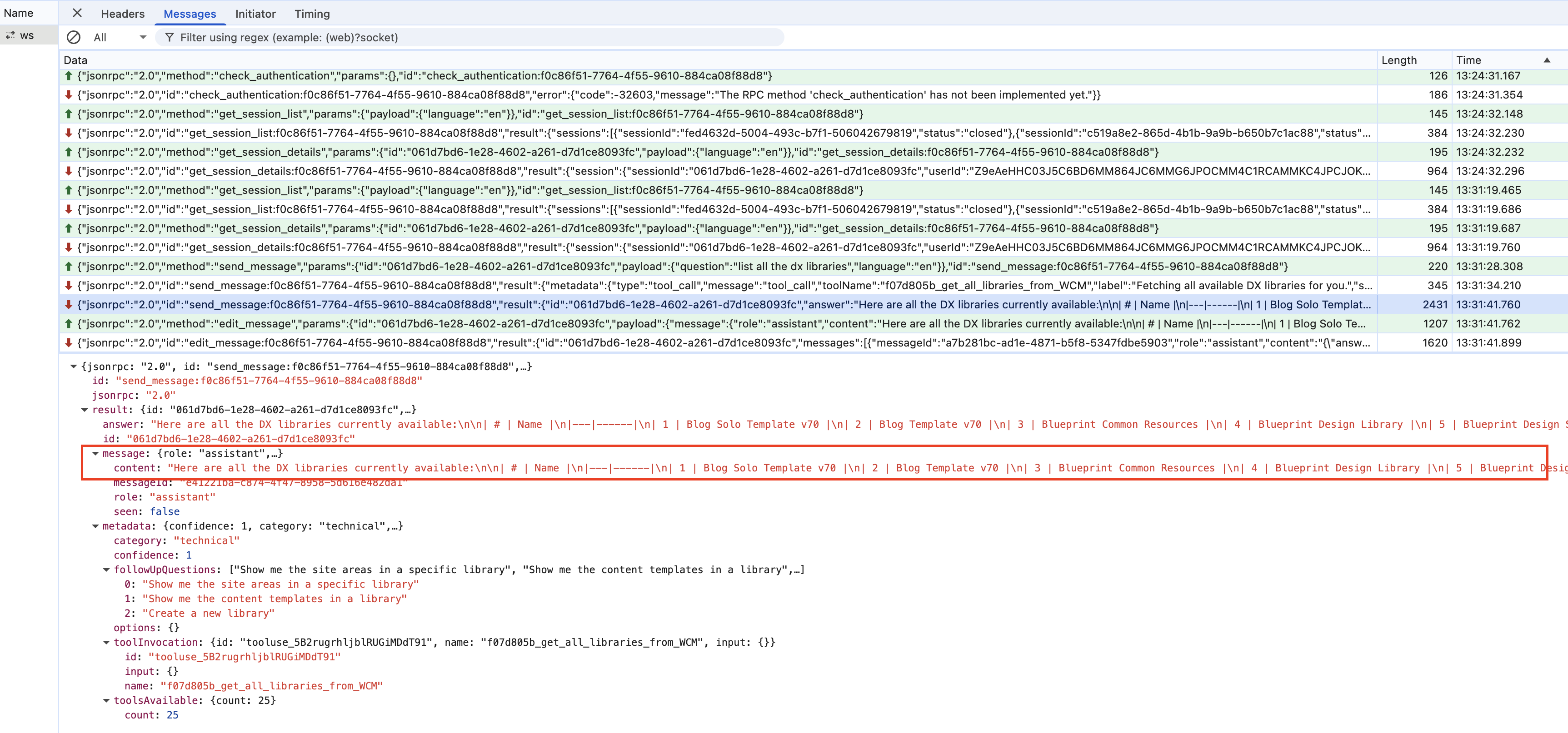 HCL Doc IQ send_message response in Network WebSocket messages