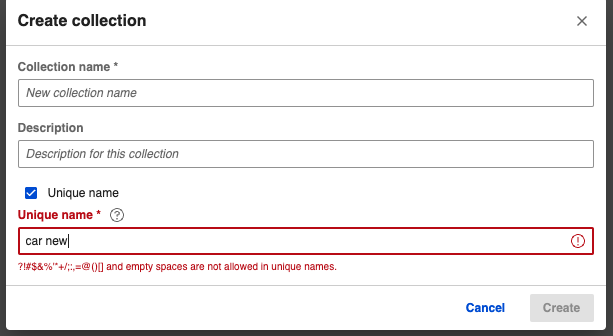 Create collection unsupported unique name