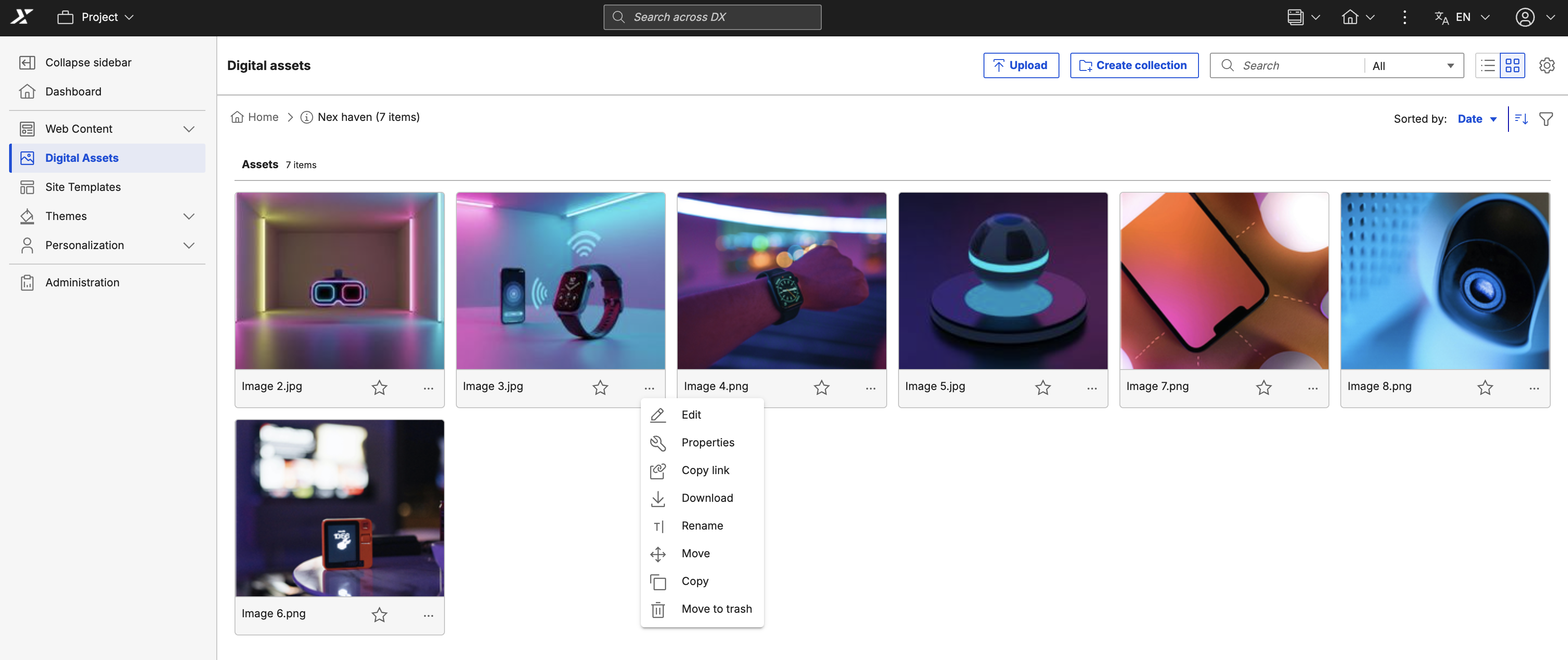 Digital asset menu options
