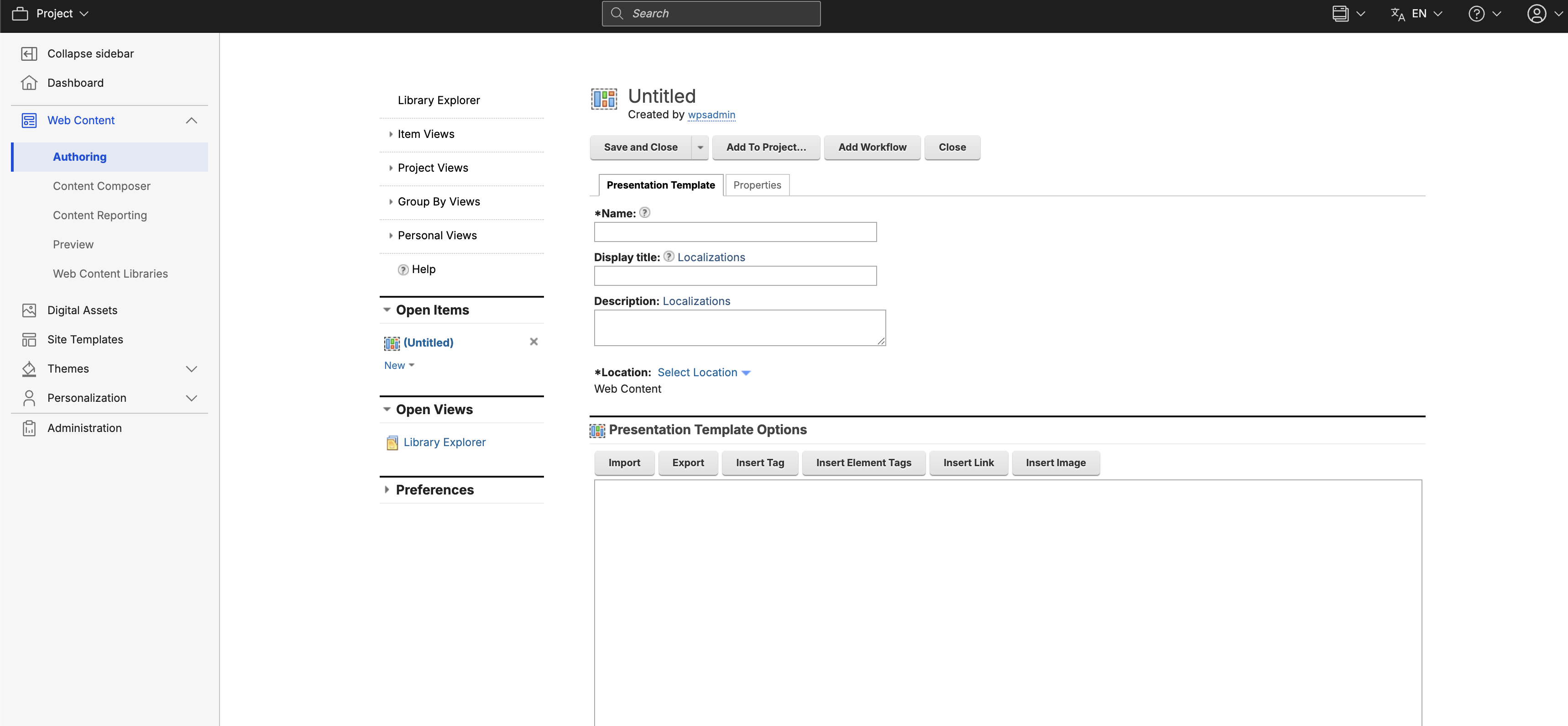 HCL WCM Authoring - Create New Presentation Template