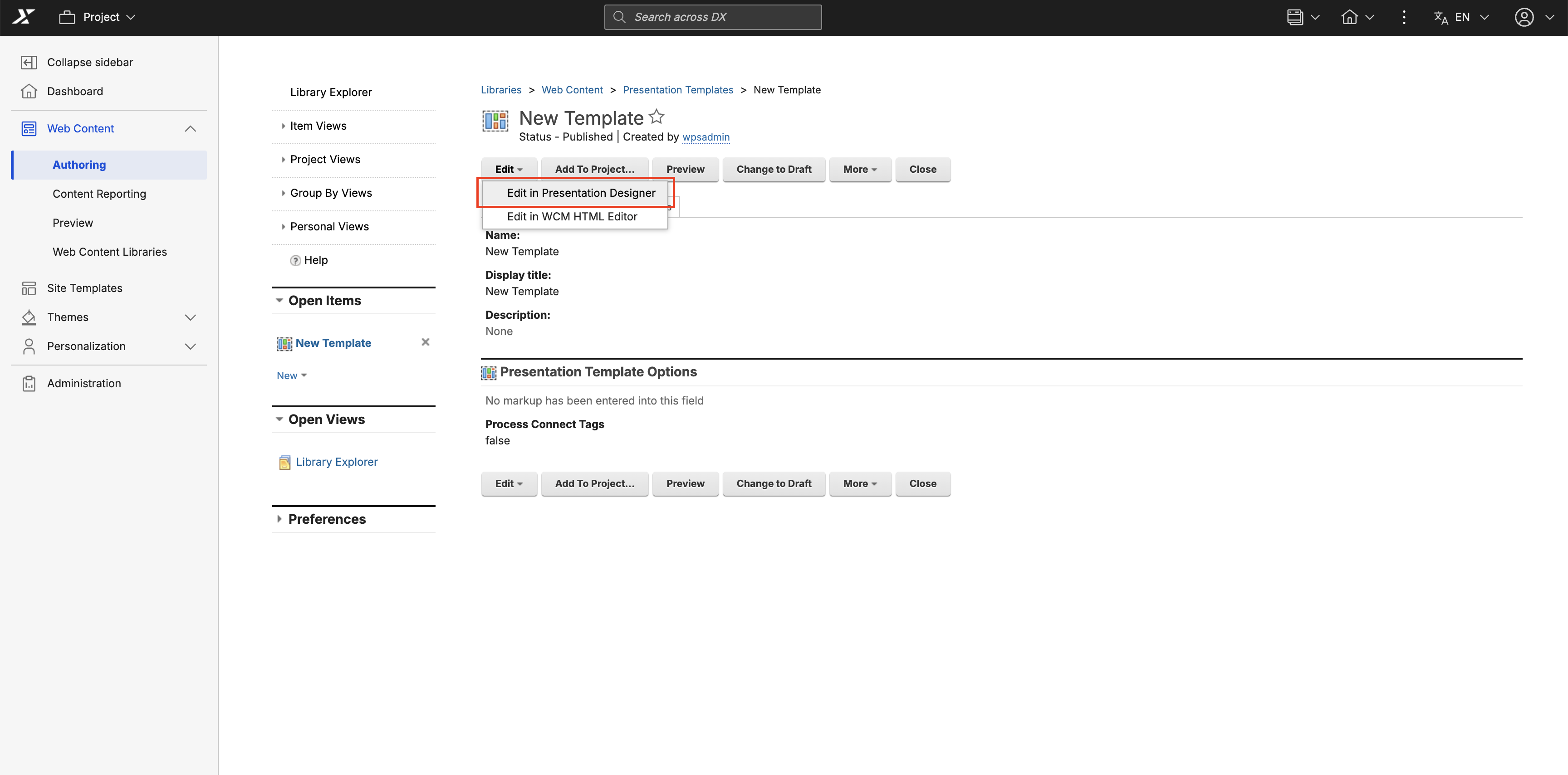 HCL WCM Authoring - Edit Presentation Template in Presentation Designer from WCM HTML Editor