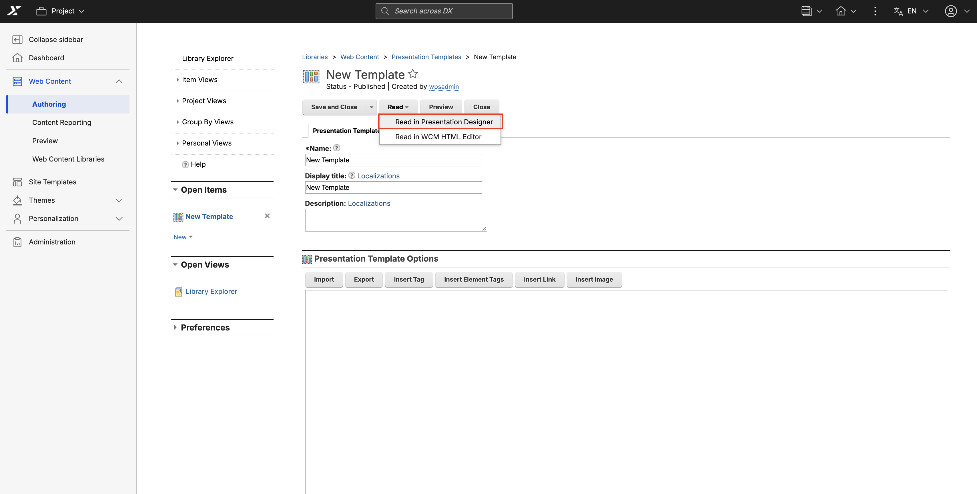HCL WCM Authoring - Read Presentation Template in Presentation Designer from WCM HTML Editor