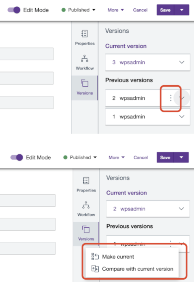 Select Compare With Current Version