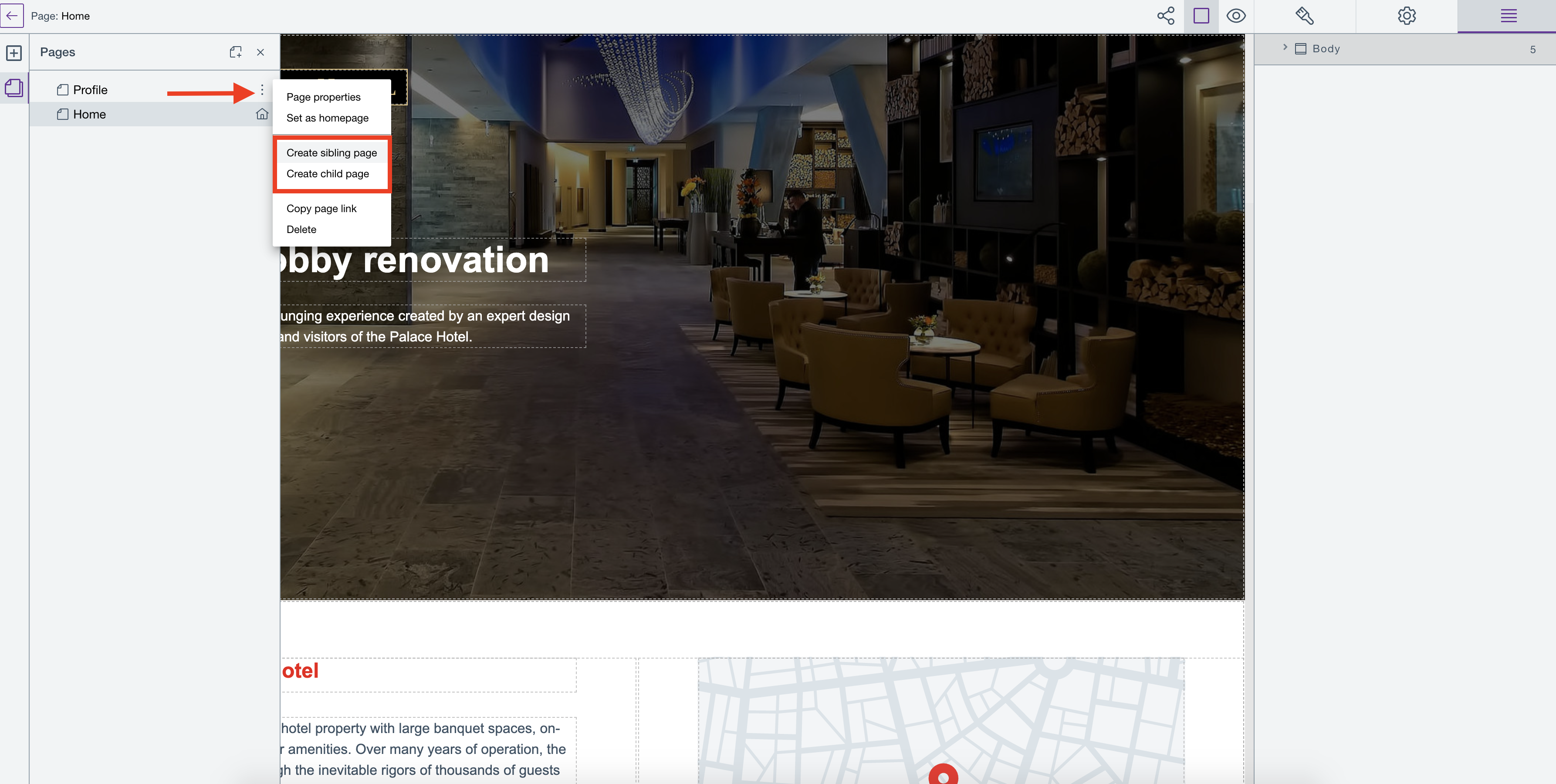 Create a child or sibling page for the page currently open in Page editor