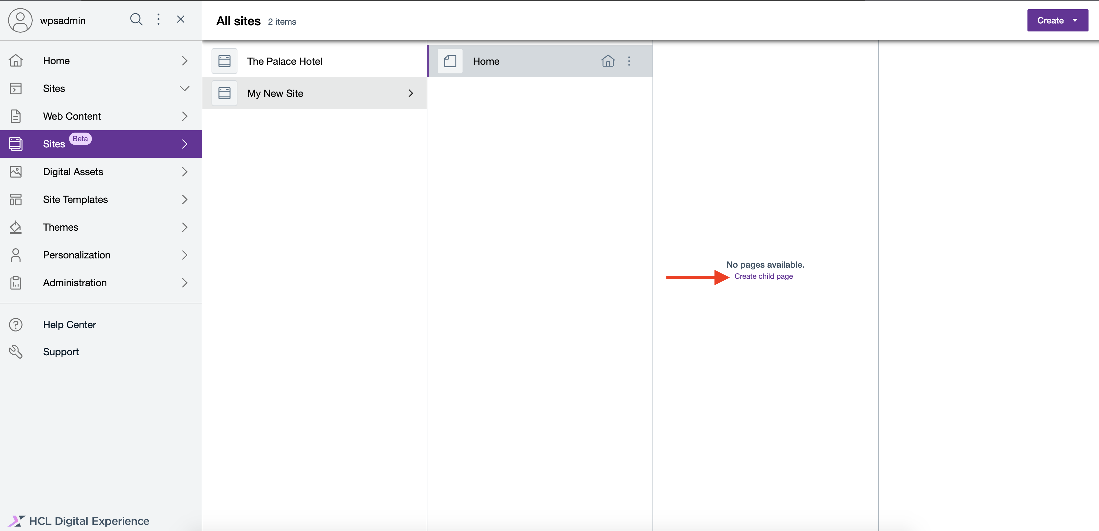 Create a child page for new site