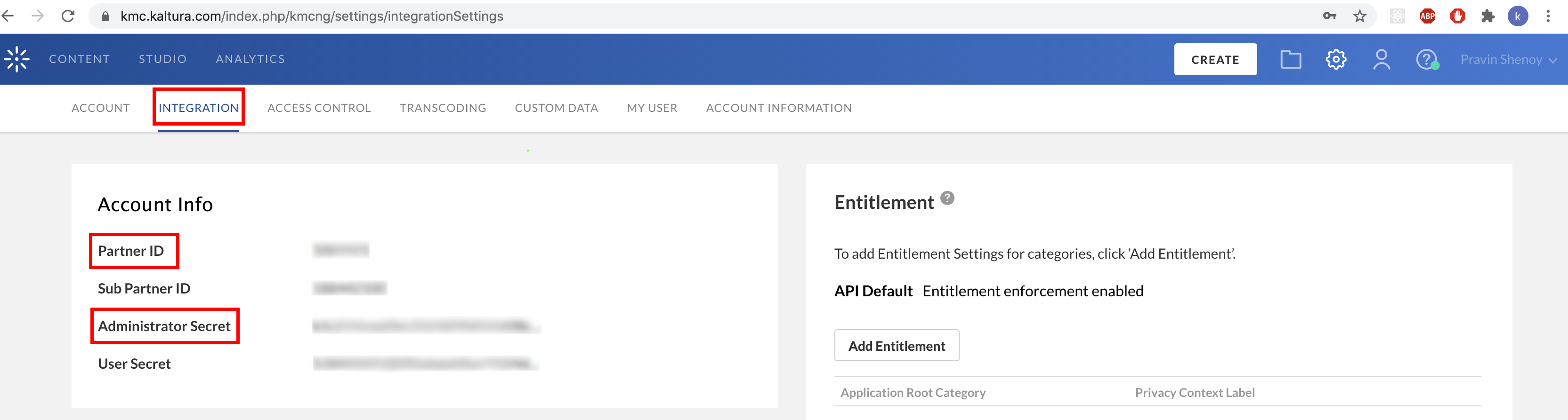 Integration > Account Info