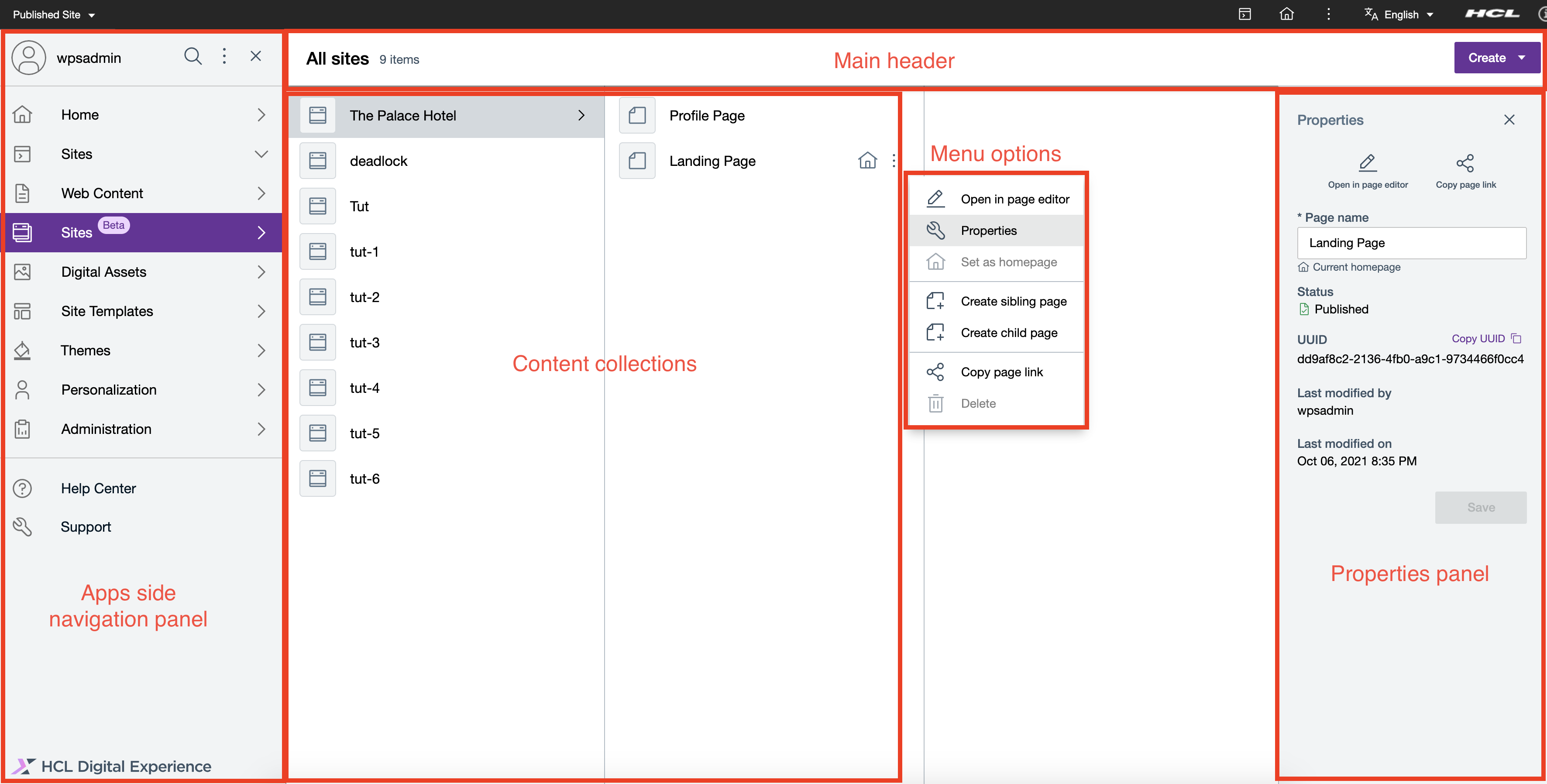 HCL Design Studio (Beta) Sites interface