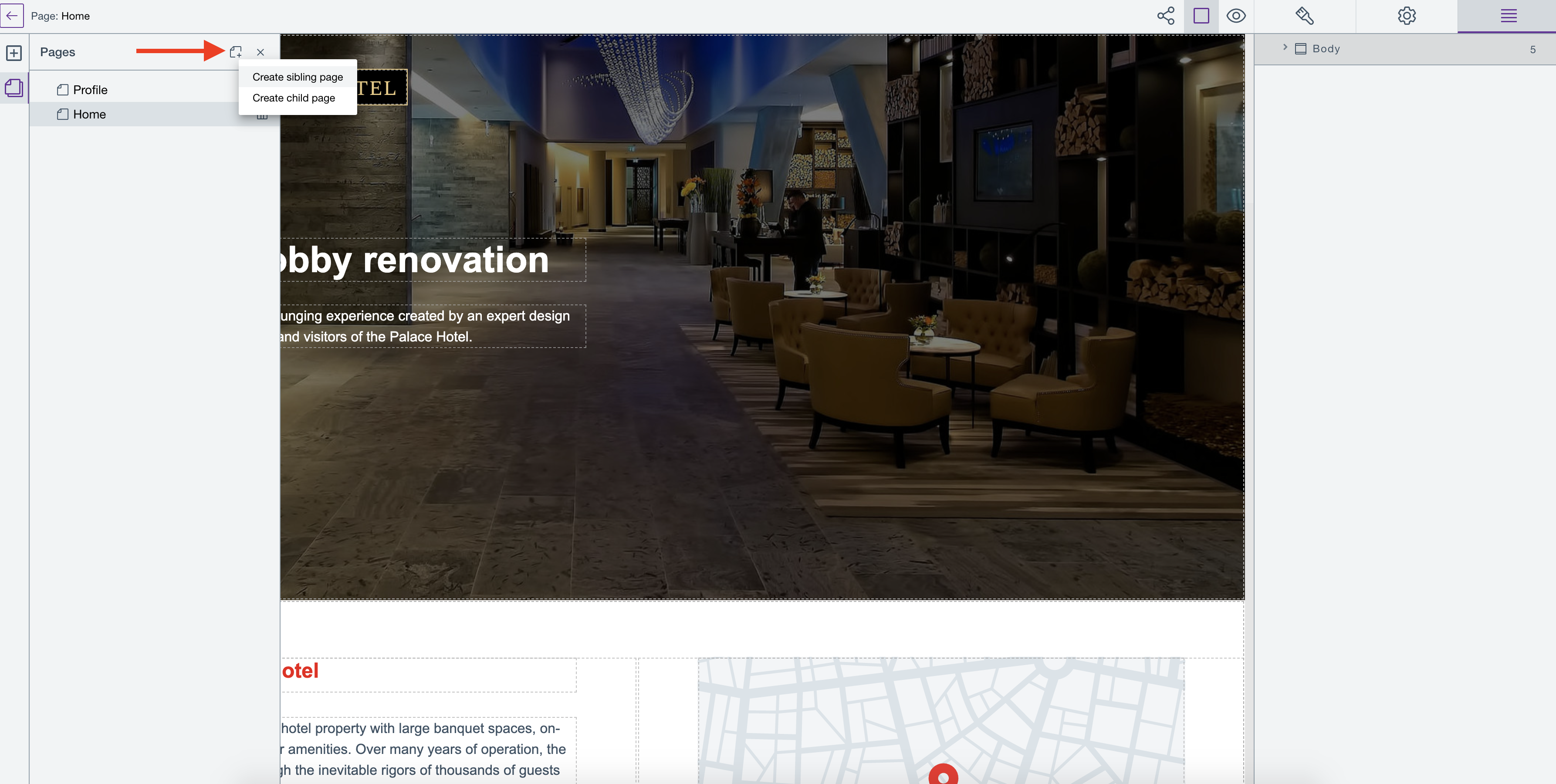 Create a new child or sibling page via Pages panel