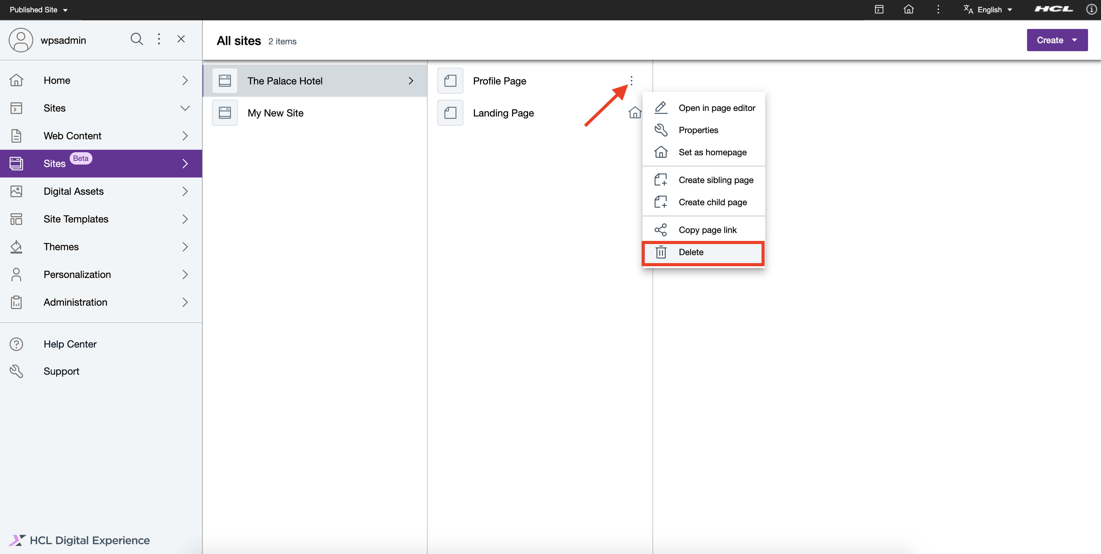 Delete a page from Site overview