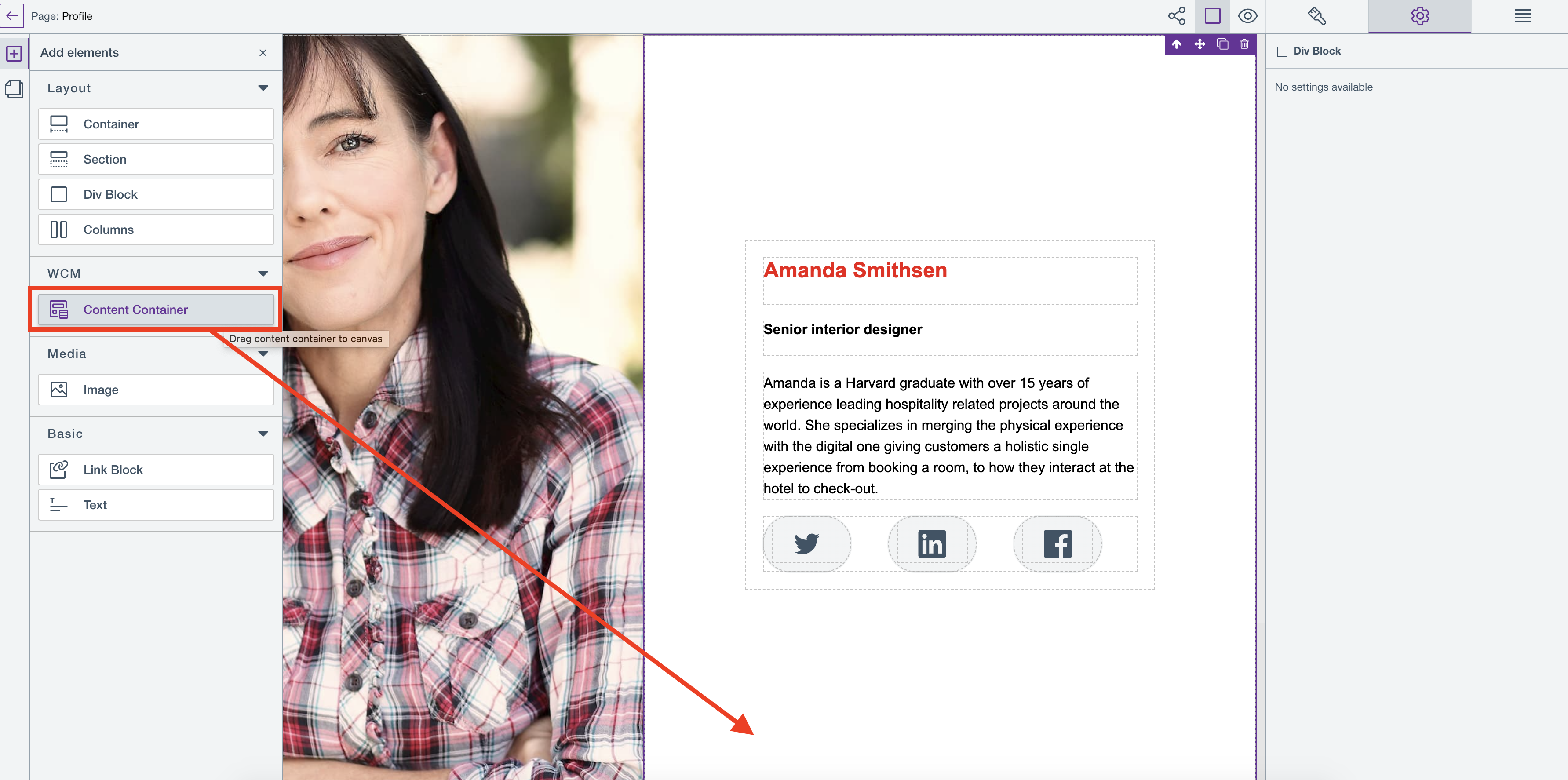 Drag WCM content container