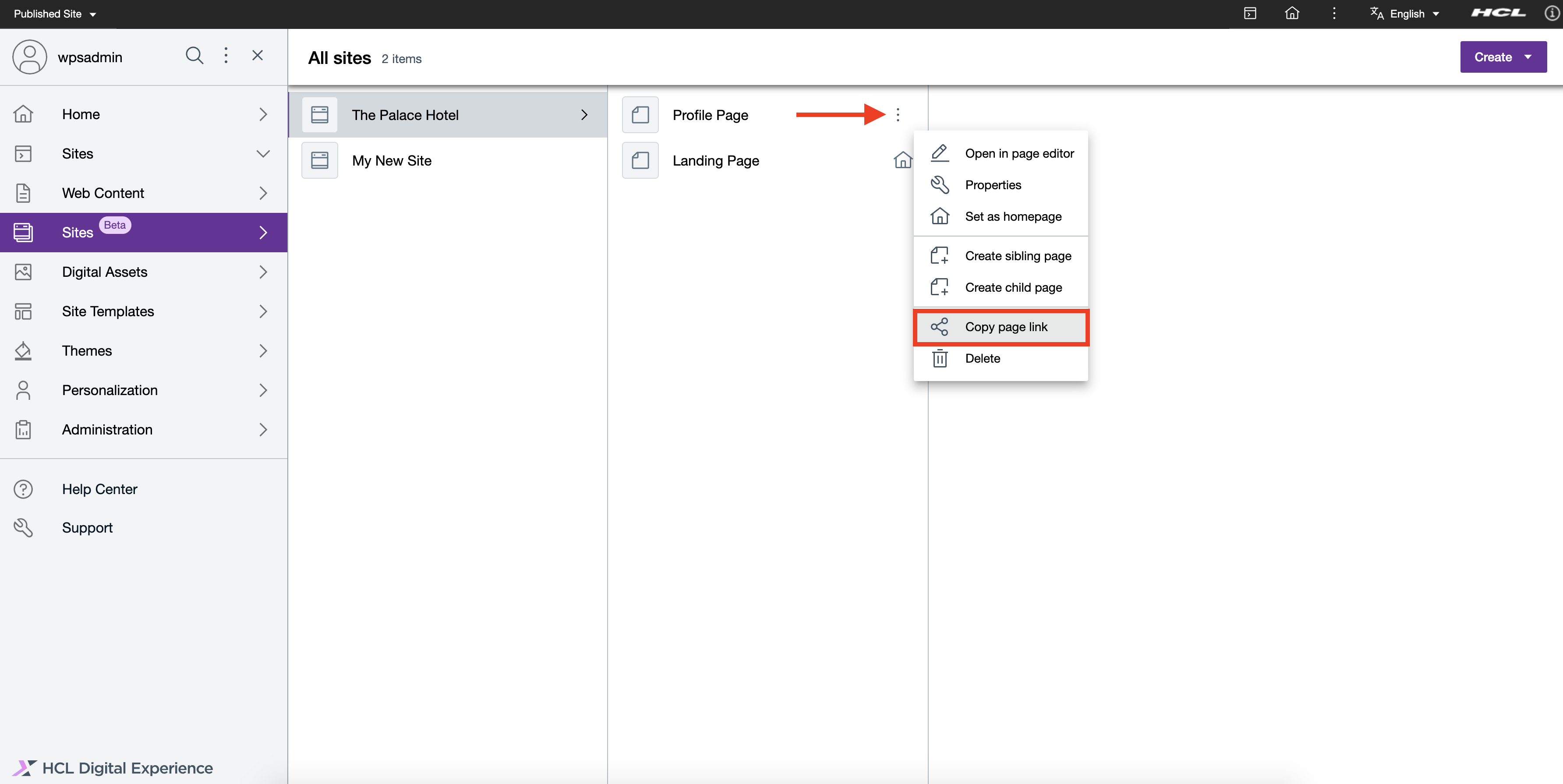 Copy page link from Sites Overview overflow menu