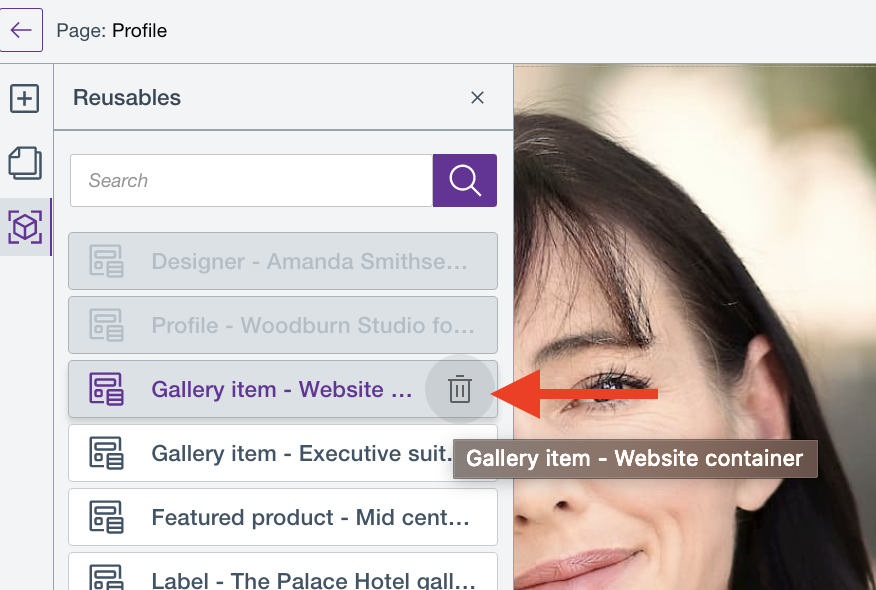 Hover and delete reusable block